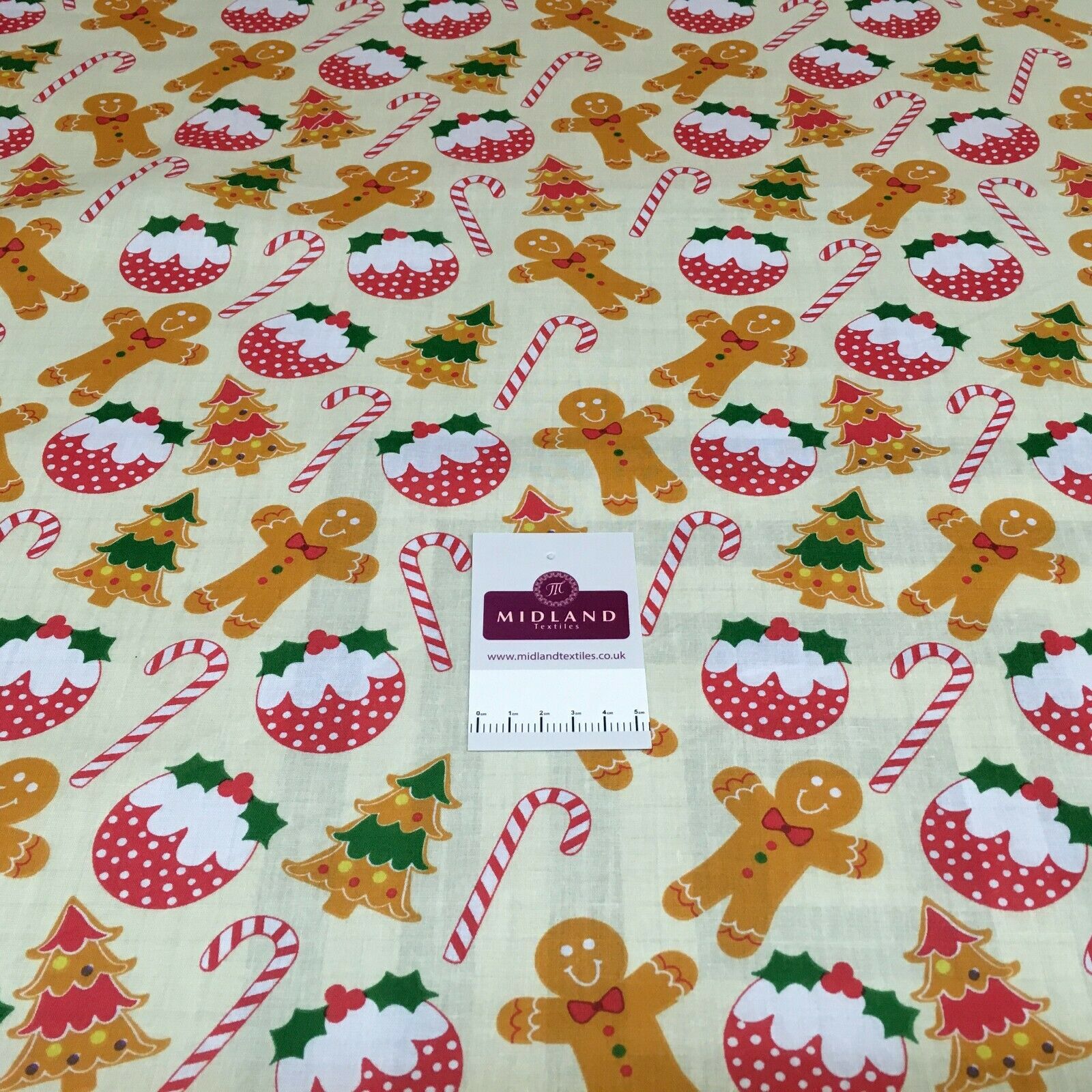 Cream gingerbread Candy Cane Christmas Printed Polycotton Fabric 110 cm MD1514
