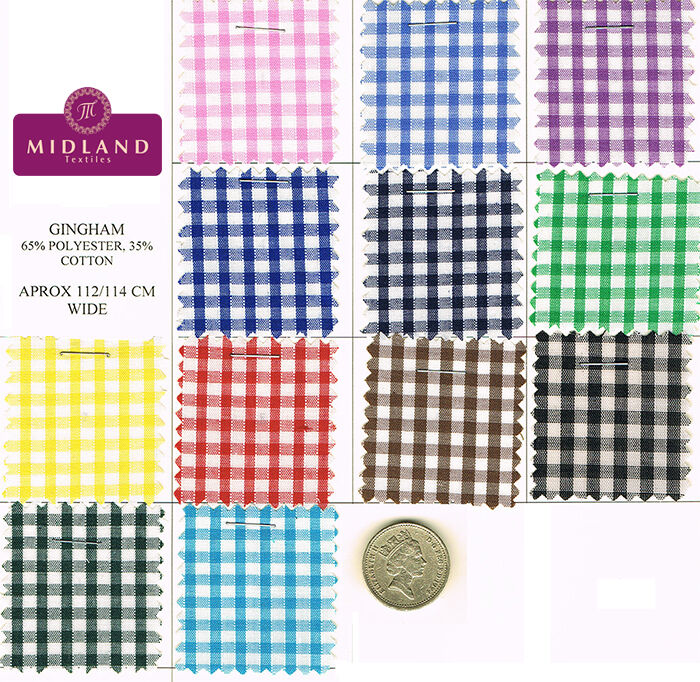 New 1/8" Gingham Polycotton Fabric  12 colours 44" wide Midtex M23 Mtex