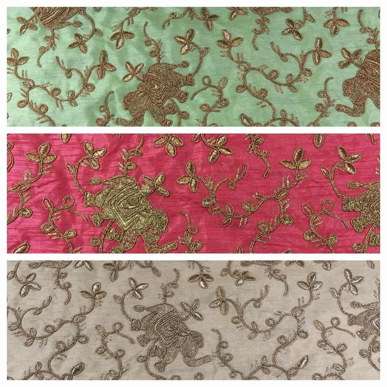 Golden thread Embroidered Elephant Faux Raw Silk dupion fabric 42' M736 Mtex