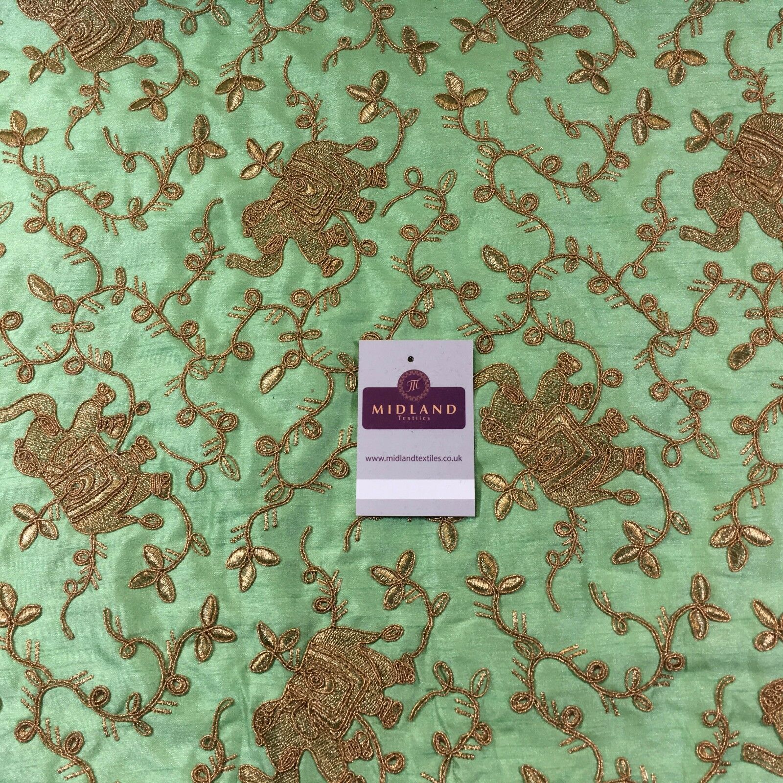 Golden thread Embroidered Elephant Faux Raw Silk dupion fabric 42' M736 Mtex