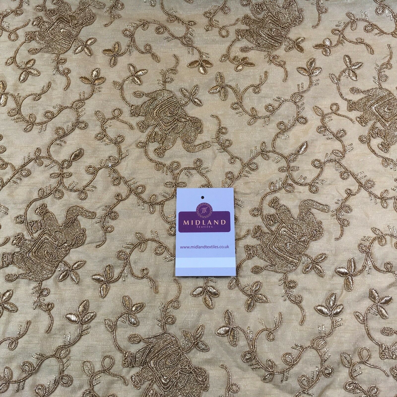 Golden thread Embroidered Elephant Faux Raw Silk dupion fabric 42' M736 Mtex