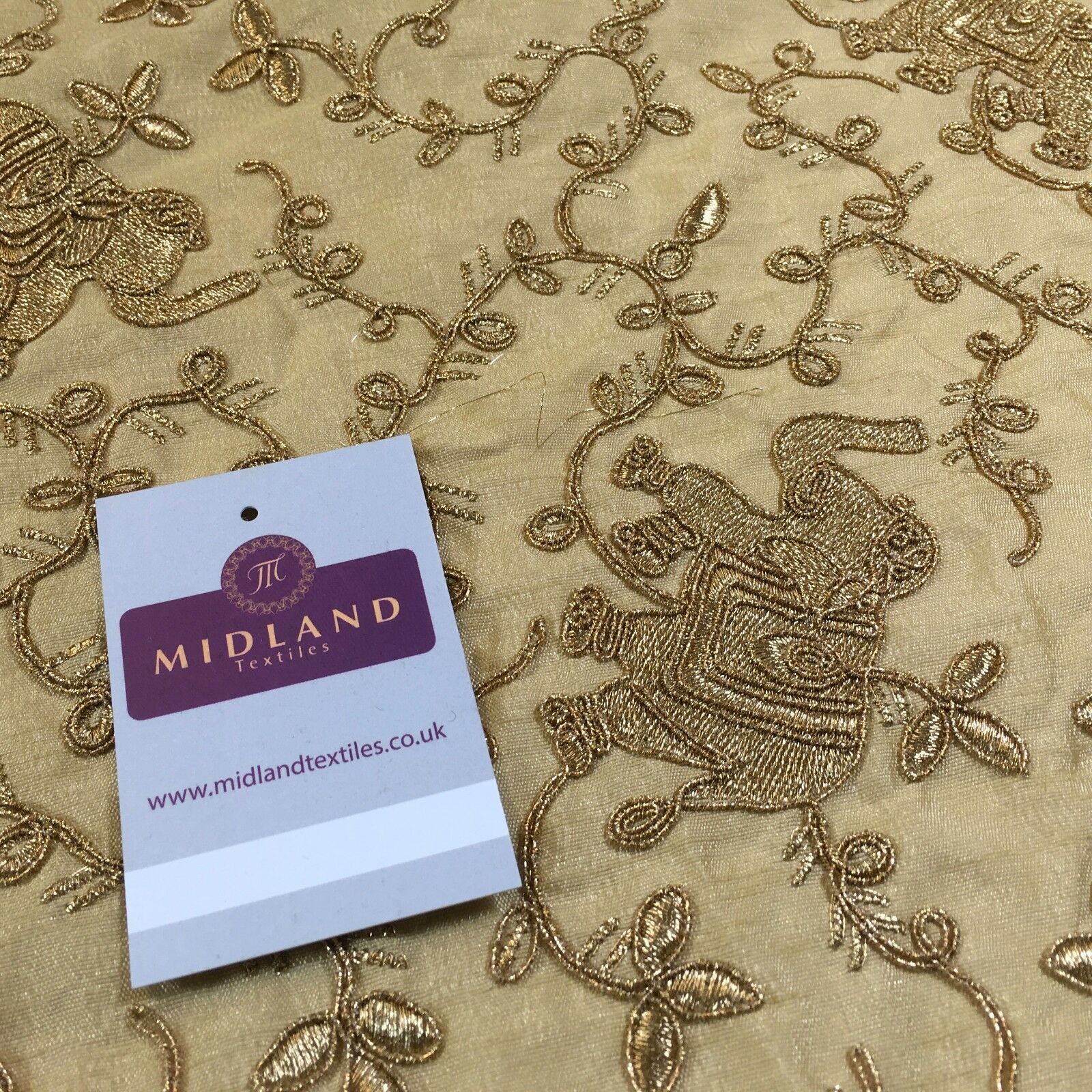 Golden thread Embroidered Elephant Faux Raw Silk dupion fabric 42" M736 Mtex