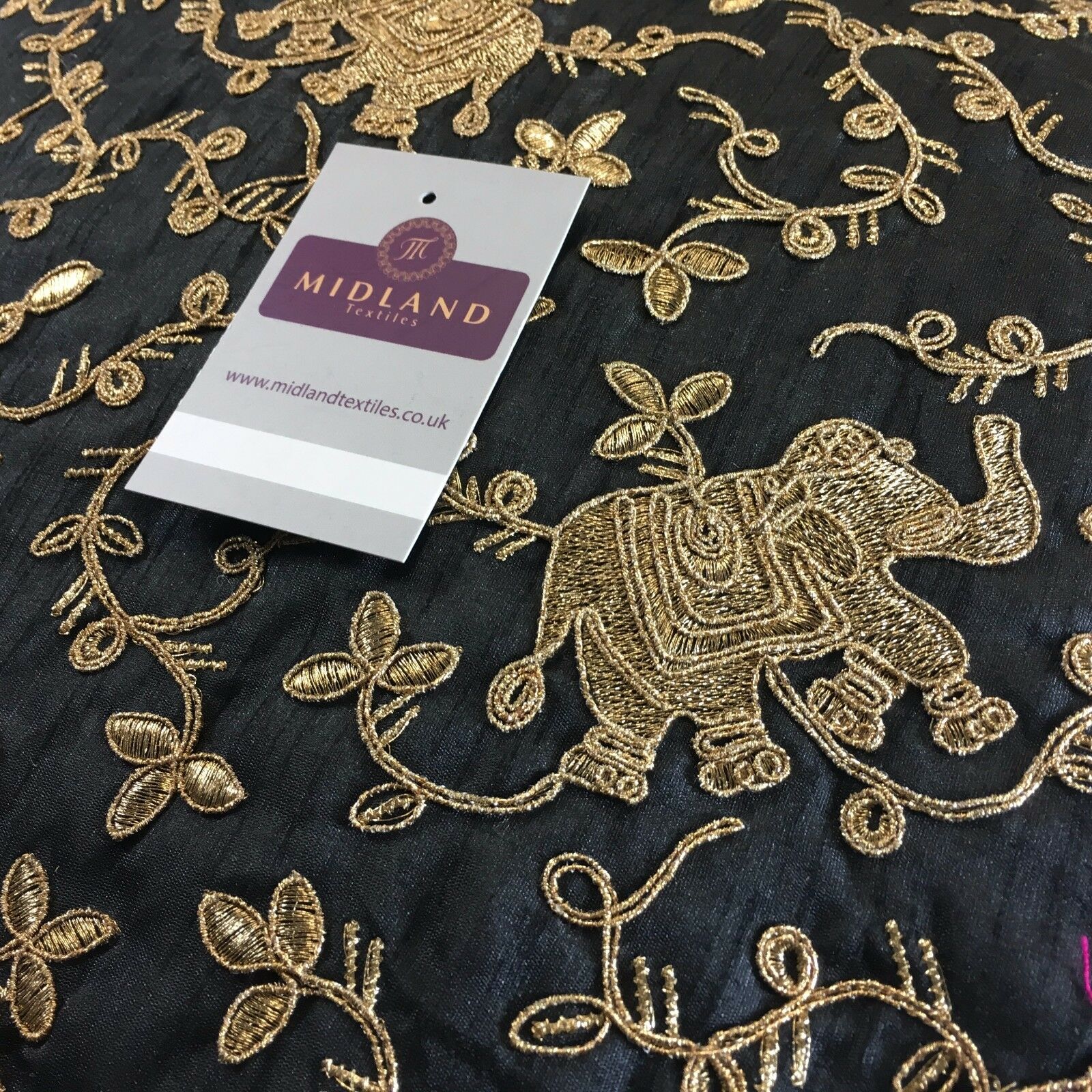 Black Embroidered Elephant Raw Silk dupion wedding fabric 42" Wide M736-5 Mtex