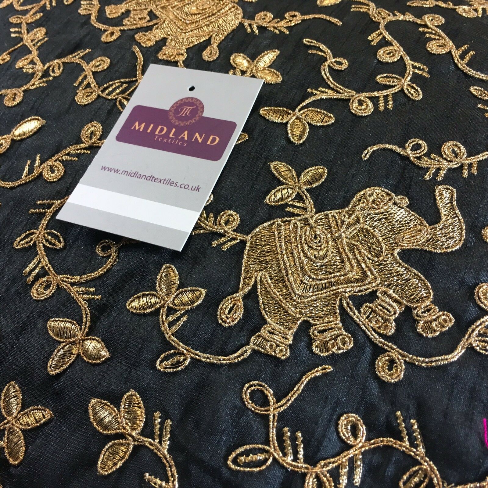 Black Embroidered Elephant Raw Silk dupion wedding fabric 42" Wide M736-5 Mtex