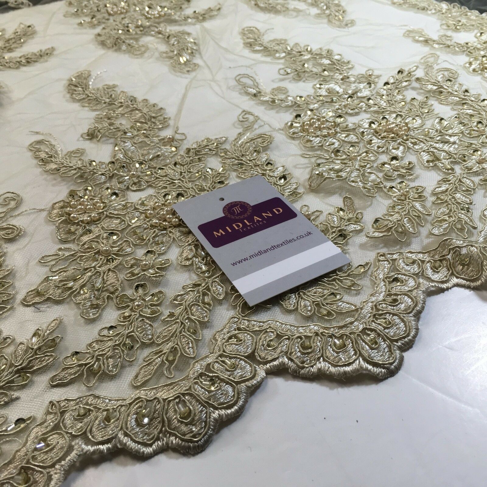 Floral Embellished with beads Scalloped Edged net dress fabric 58' M780 Mtex