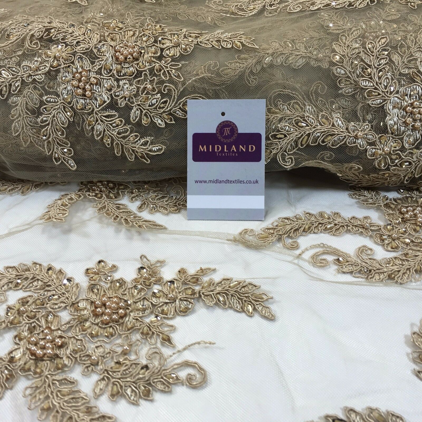 Floral Embellished with beads Scalloped Edged net dress fabric 58' M780 Mtex