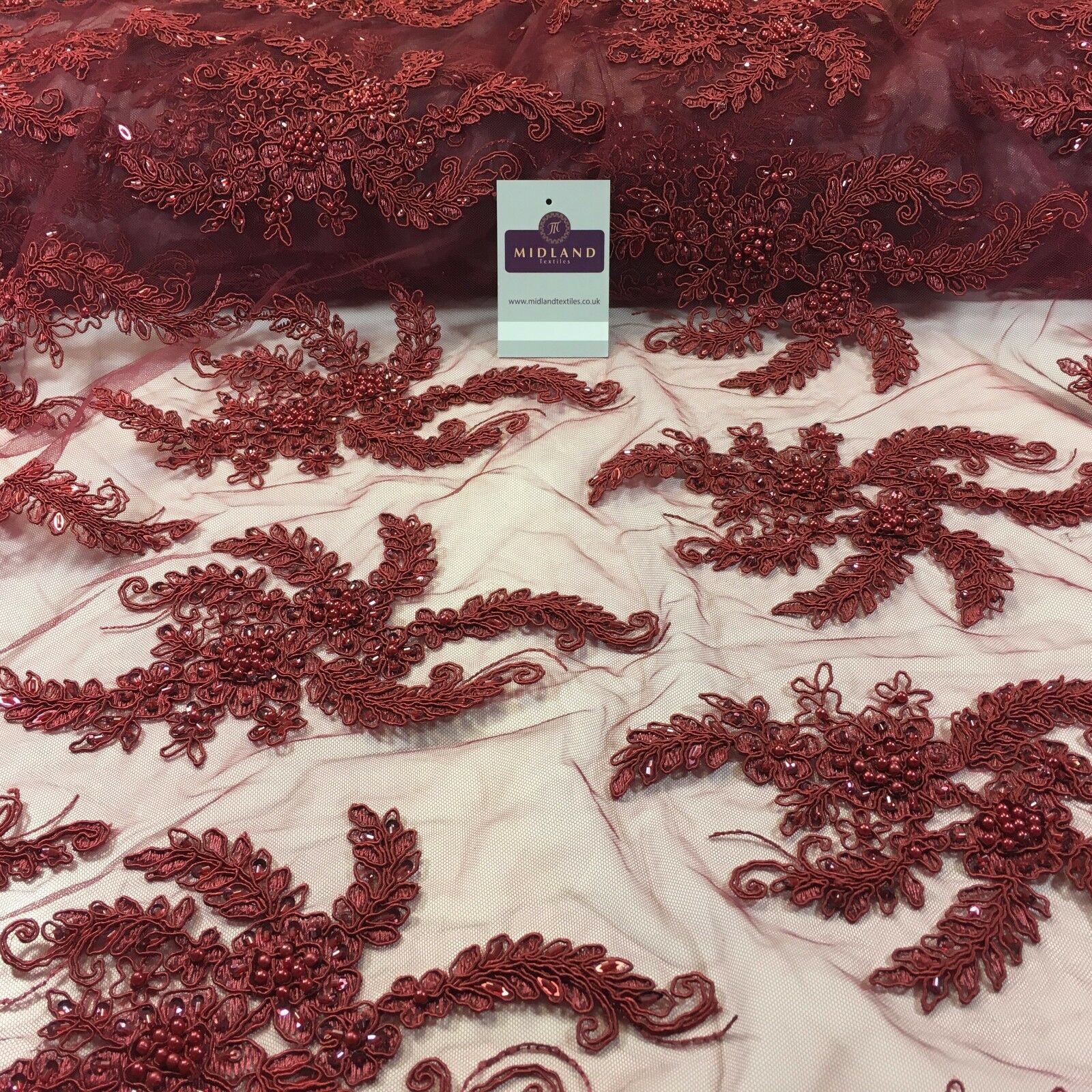 Floral Embellished with beads Scalloped Edged net dress fabric 58' M780 Mtex