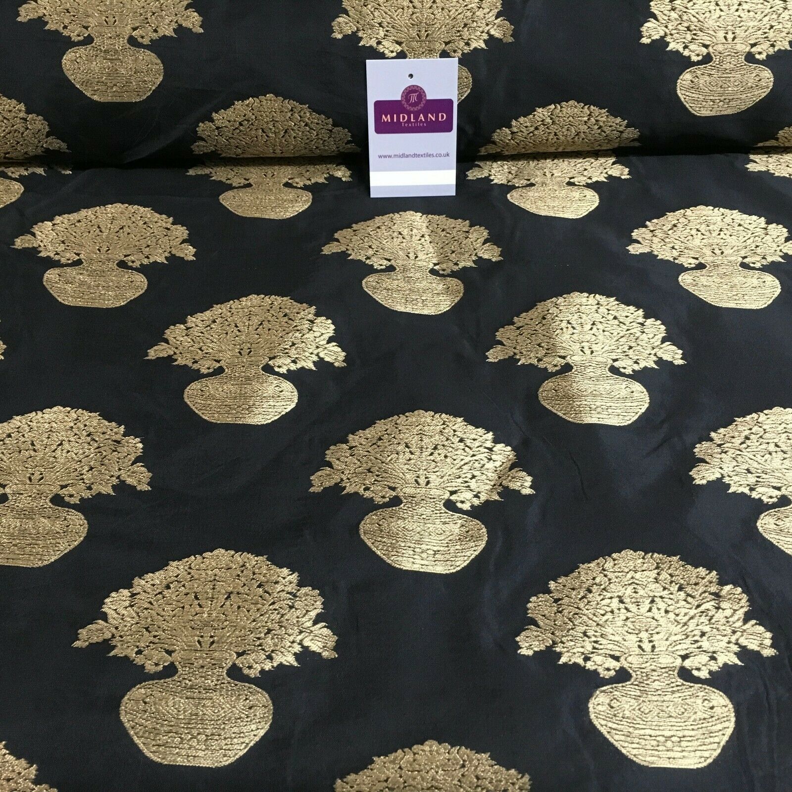 Indian gold Flower pot Banarsi Brocade waistcoat fabric 110 cm Wide MN1101 Mtex