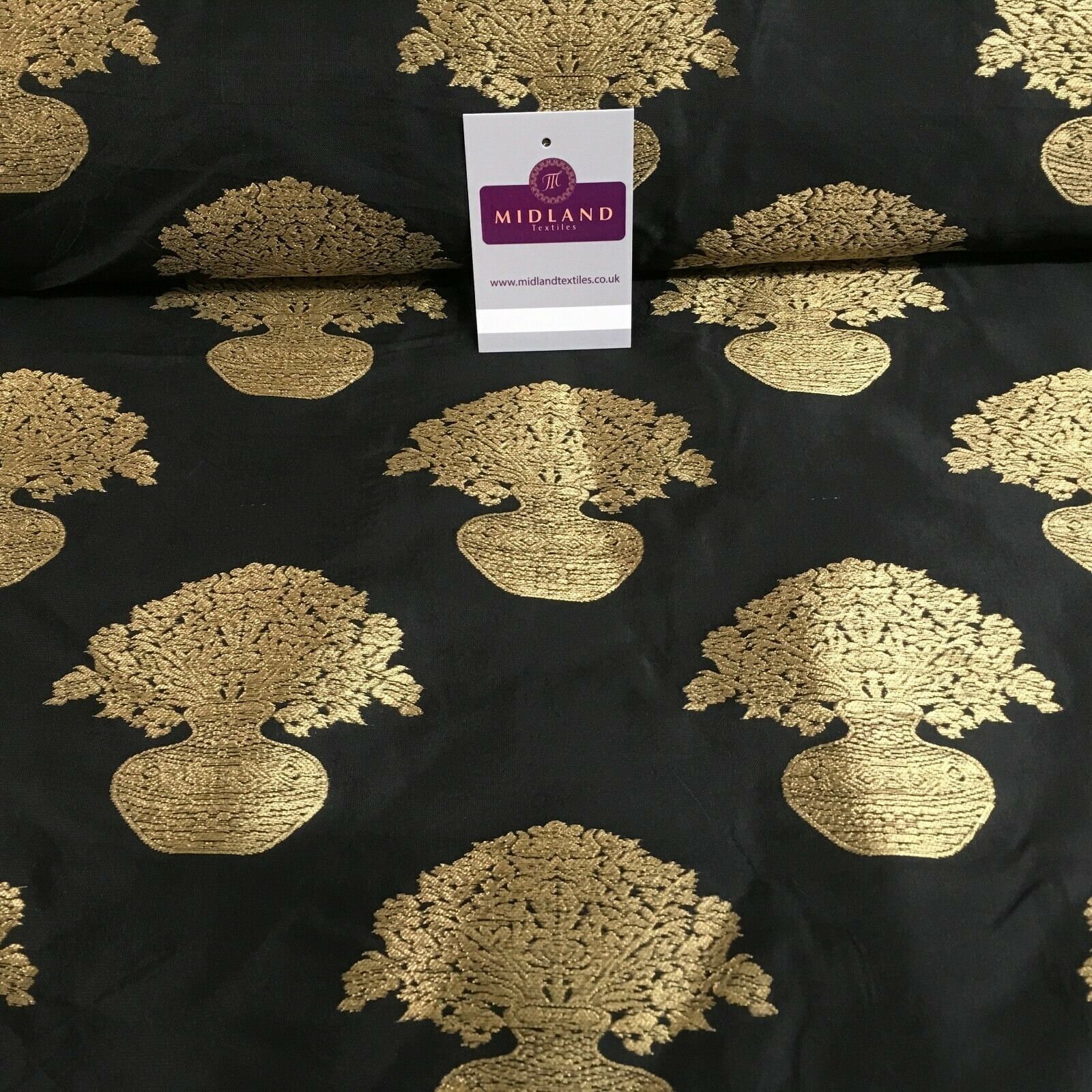 Indian gold Flower pot Banarsi Brocade waistcoat fabric 110 cm Wide MN1101 Mtex