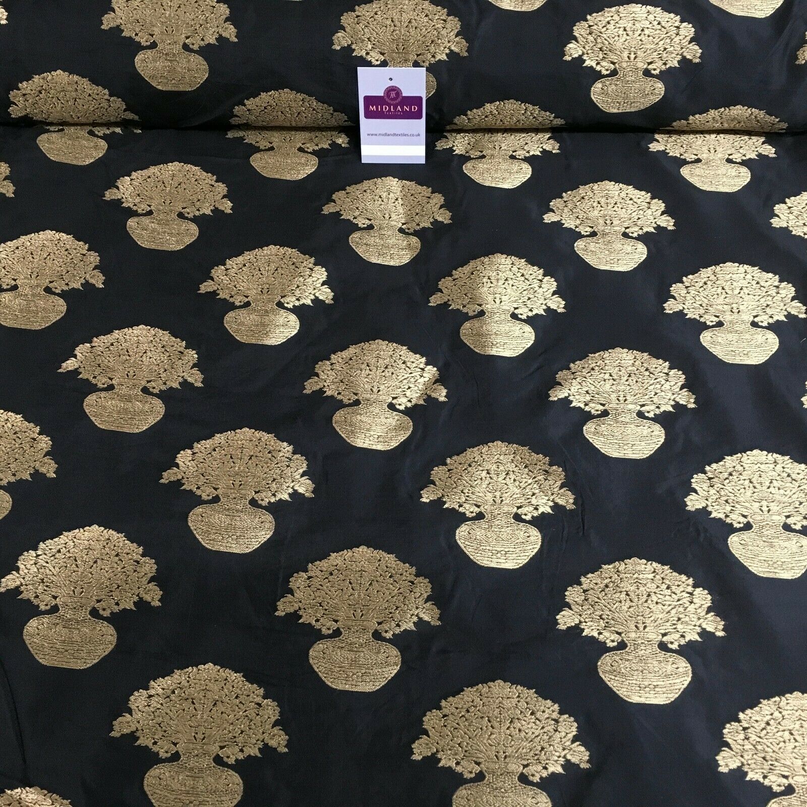 Indian gold Flower pot Banarsi Brocade waistcoat fabric 110 cm Wide MN1101 Mtex