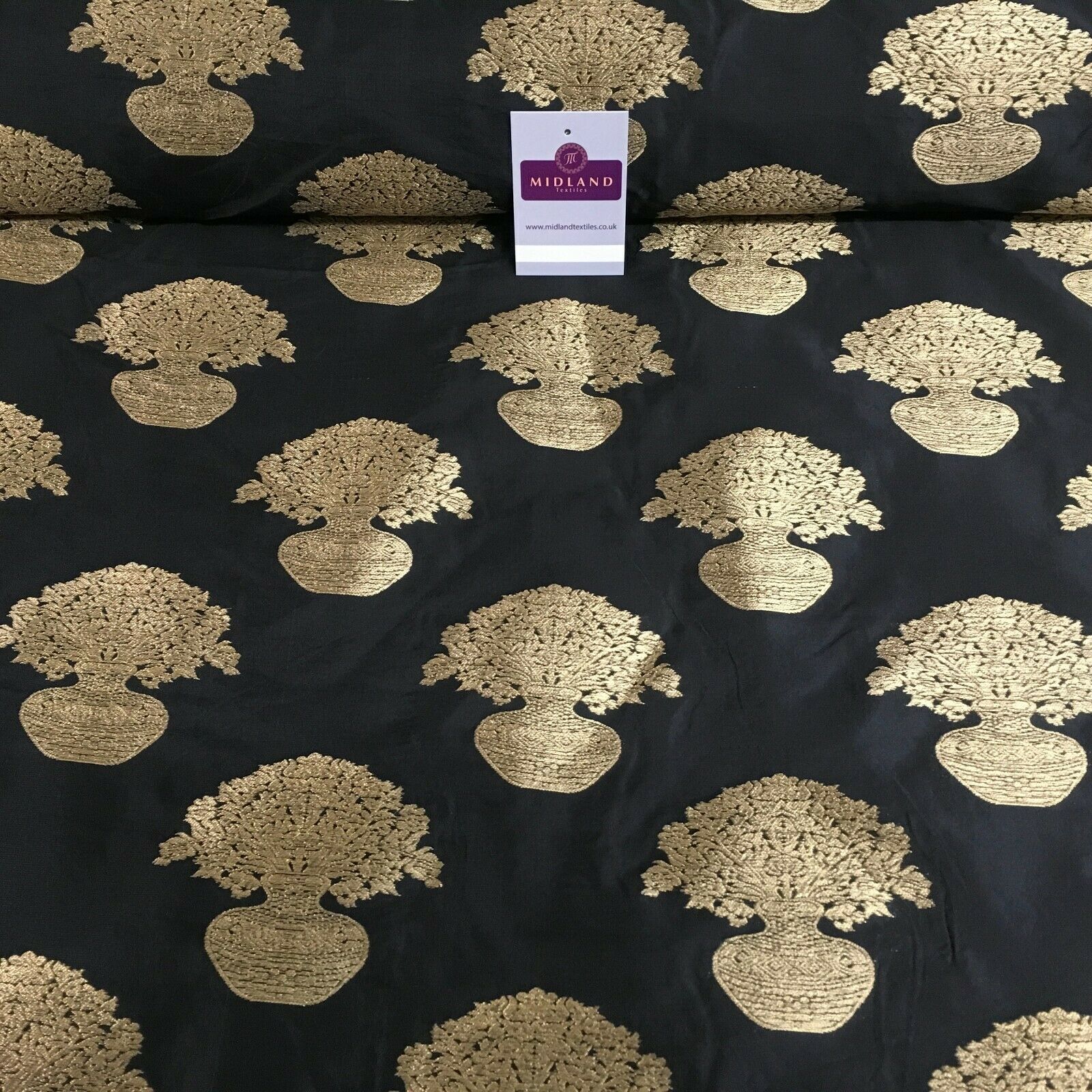 Indian gold Flower pot Banarsi Brocade waistcoat fabric 110 cm Wide MN1101 Mtex