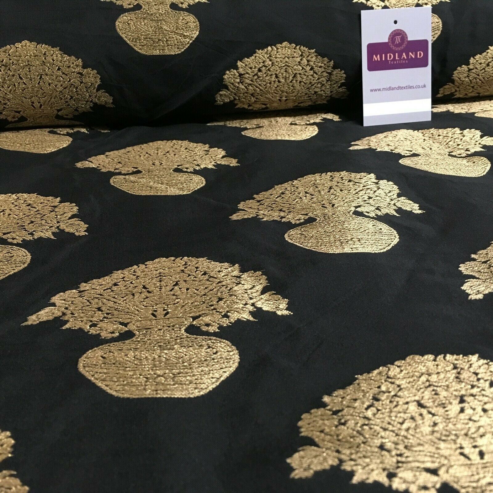 Indian gold Flower pot Banarsi Brocade waistcoat fabric 110 cm Wide MN1101 Mtex