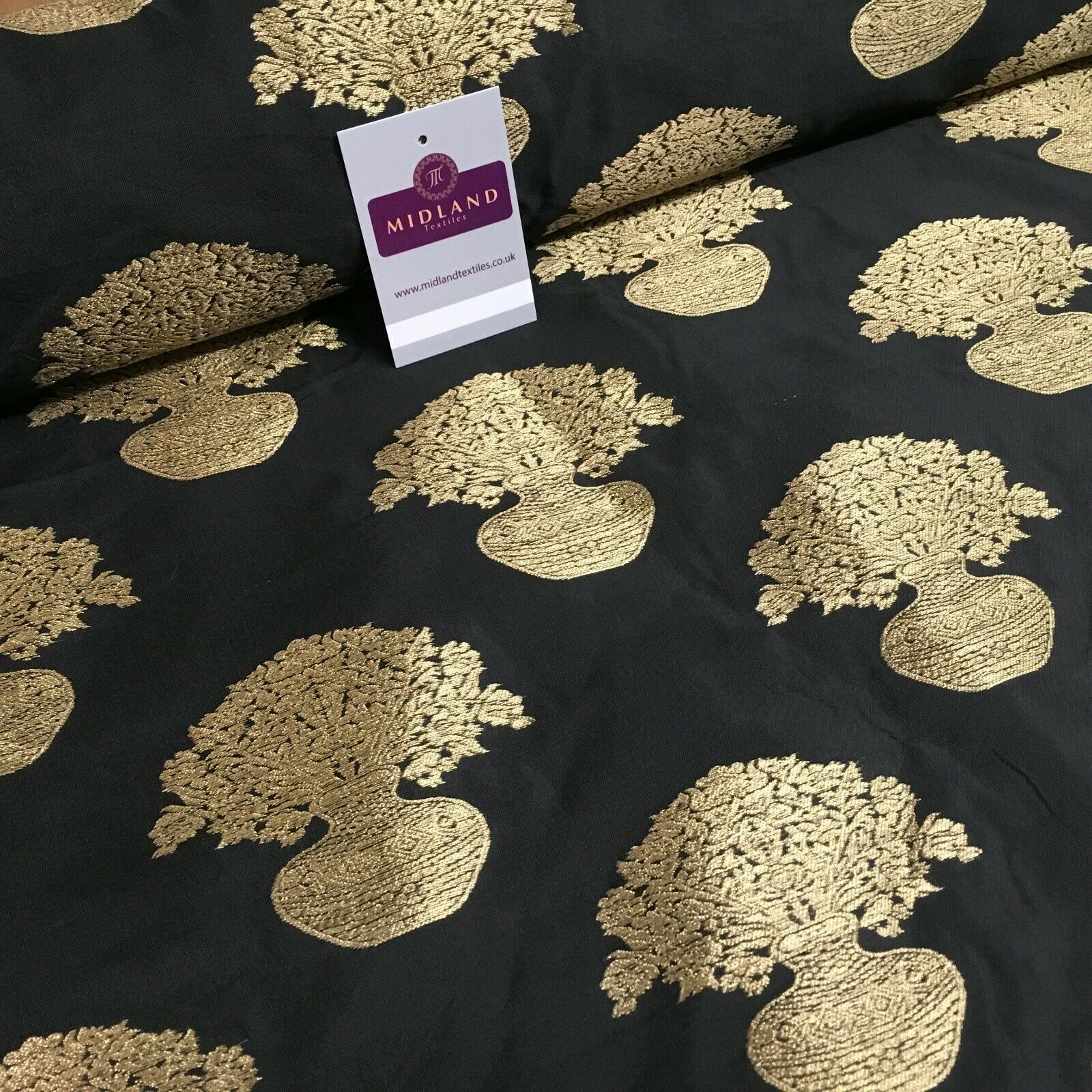 Indian gold Flower pot Banarsi Brocade waistcoat fabric 110 cm Wide MN1101 Mtex