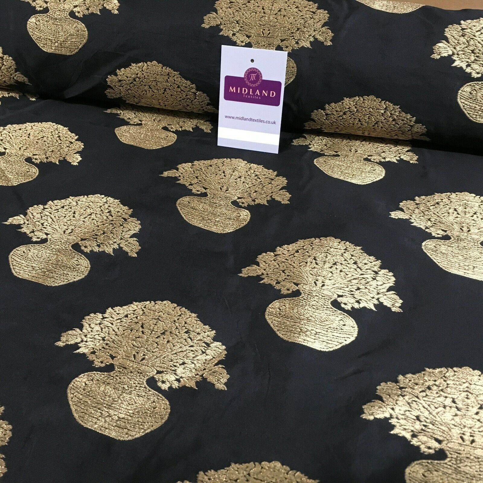 Indian gold Flower pot Banarsi Brocade waistcoat fabric 110 cm Wide MN1101 Mtex