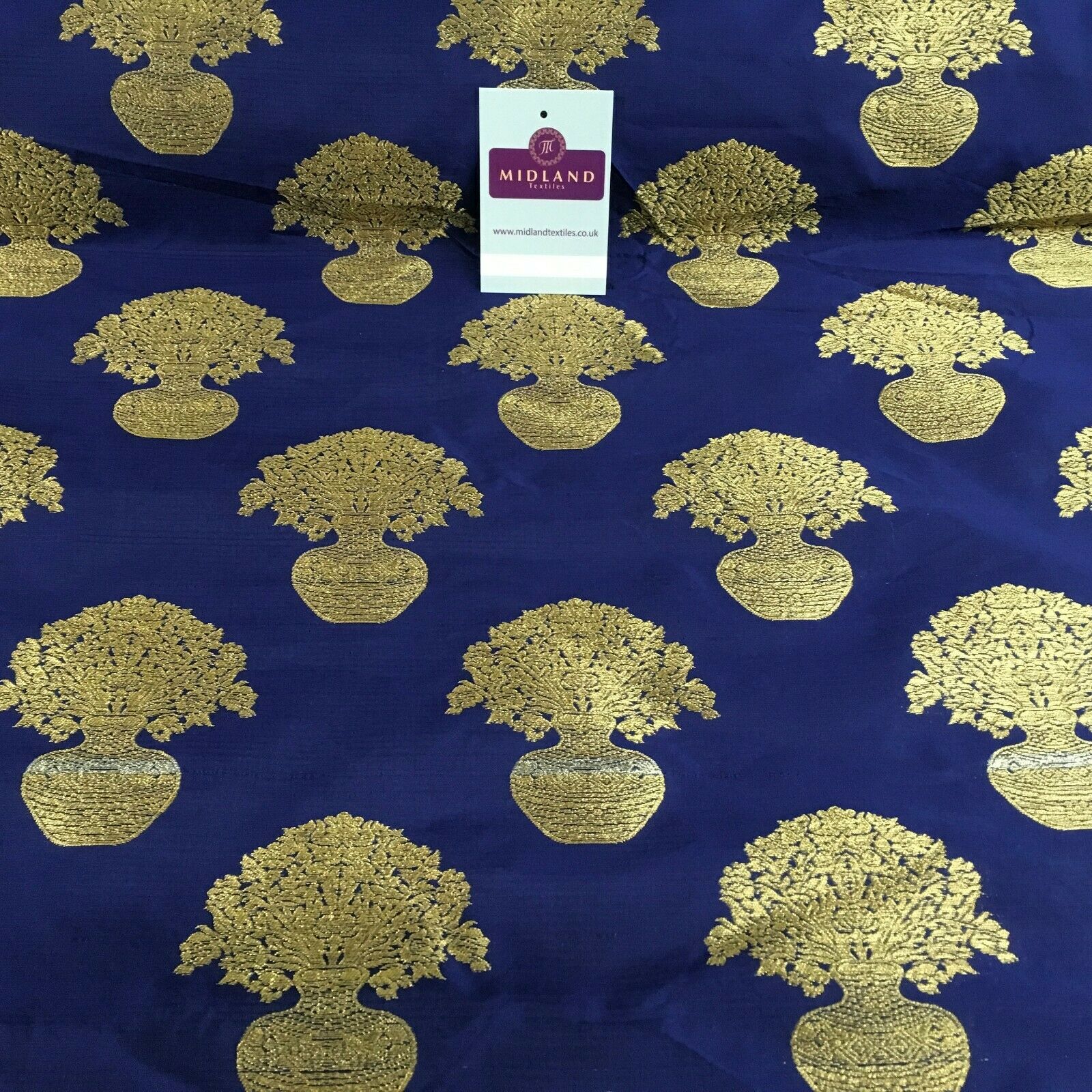 Indian gold Flower pot Banarsi Brocade waistcoat fabric 110 cm Wide MN1101 Mtex