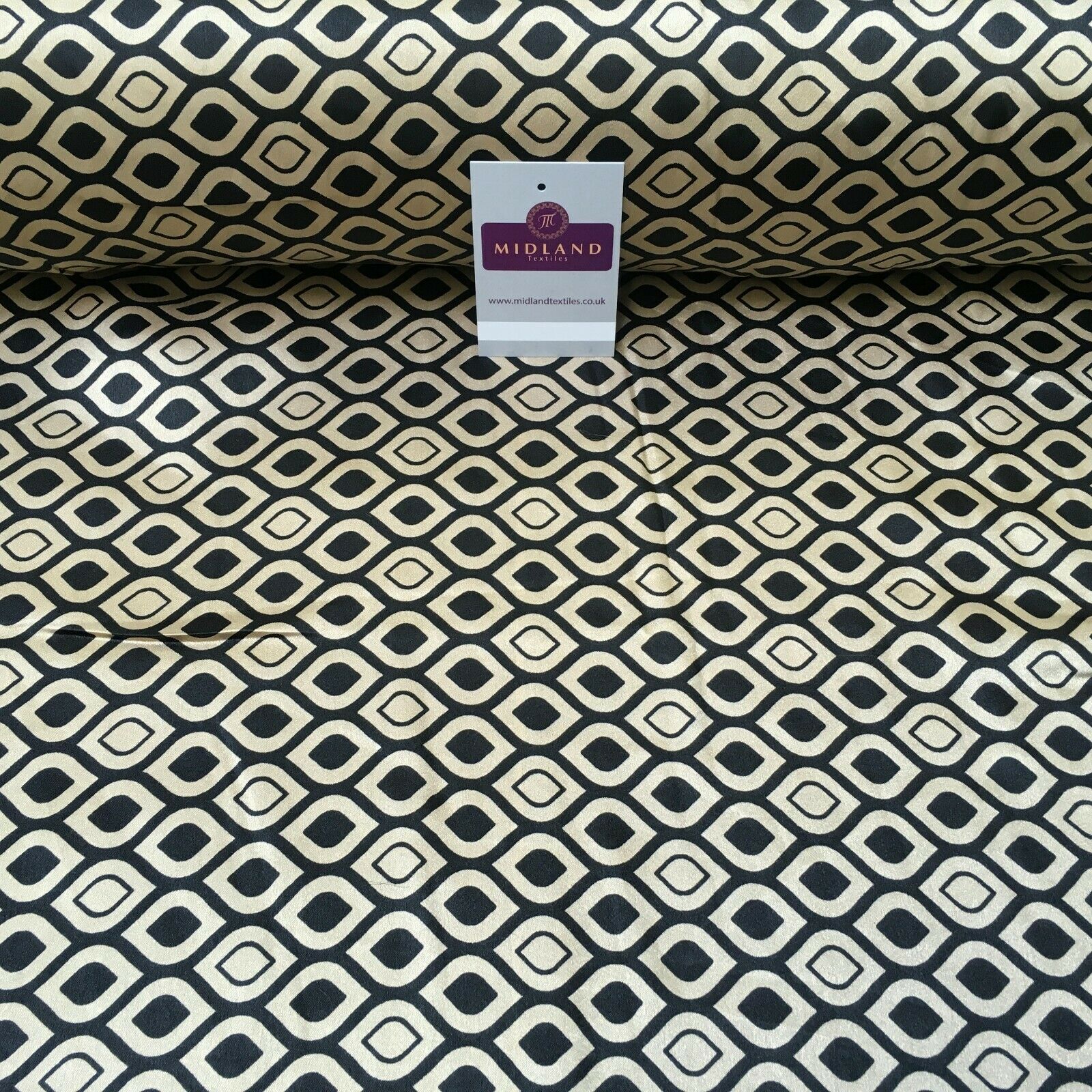 Black and Gold Geometric Printed Silky Satin Dress Fabric 150cm Wide MR1044-2