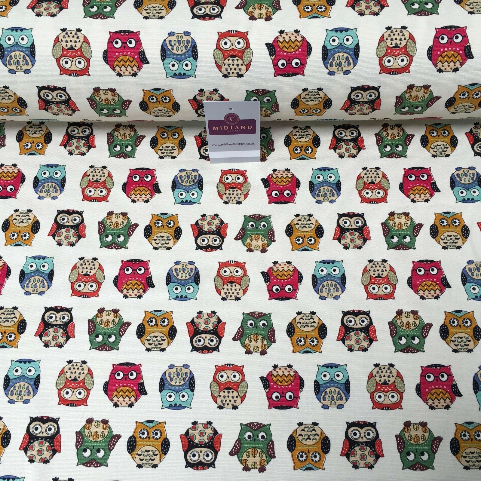 100% Cotton Canvas Cream Multicoloured Owl Printed Fabric 58' Wide Mtex MK856-11