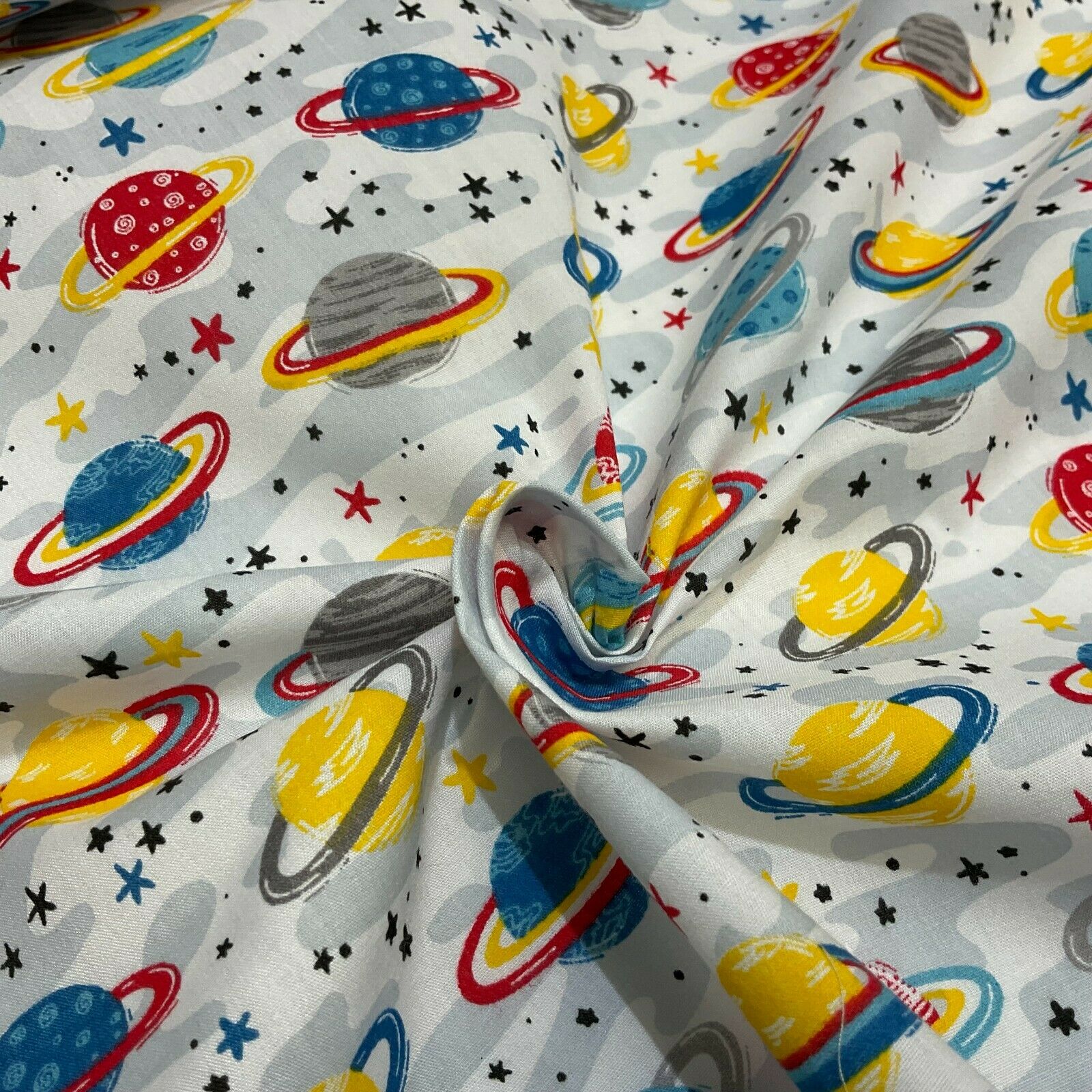 White Grey Planets Solar System Poly cotton printed lightweight fabric M1635