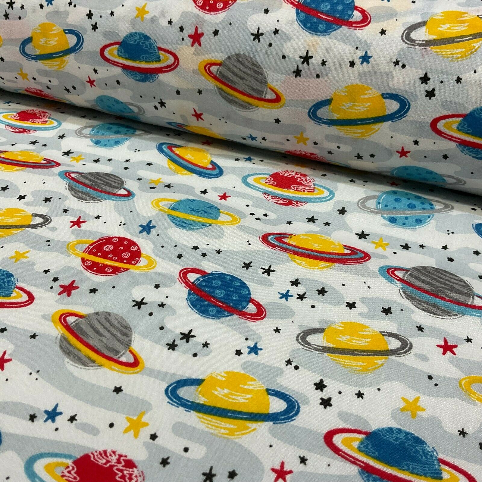 White Grey Planets Solar System Poly cotton printed lightweight fabric M1635