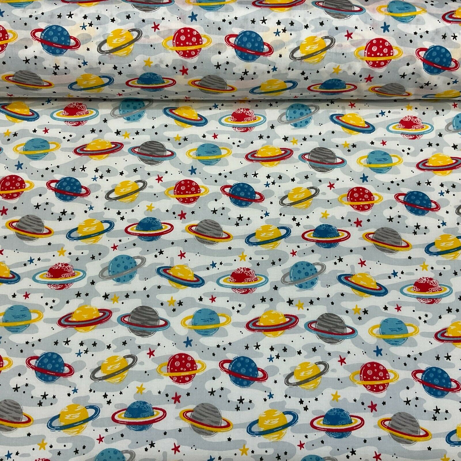 White Grey Planets Solar System Poly cotton printed lightweight fabric M1635