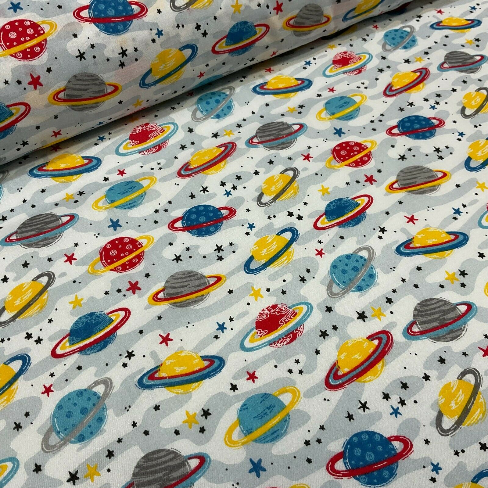 White Grey Planets Solar System Poly cotton printed lightweight fabric M1635