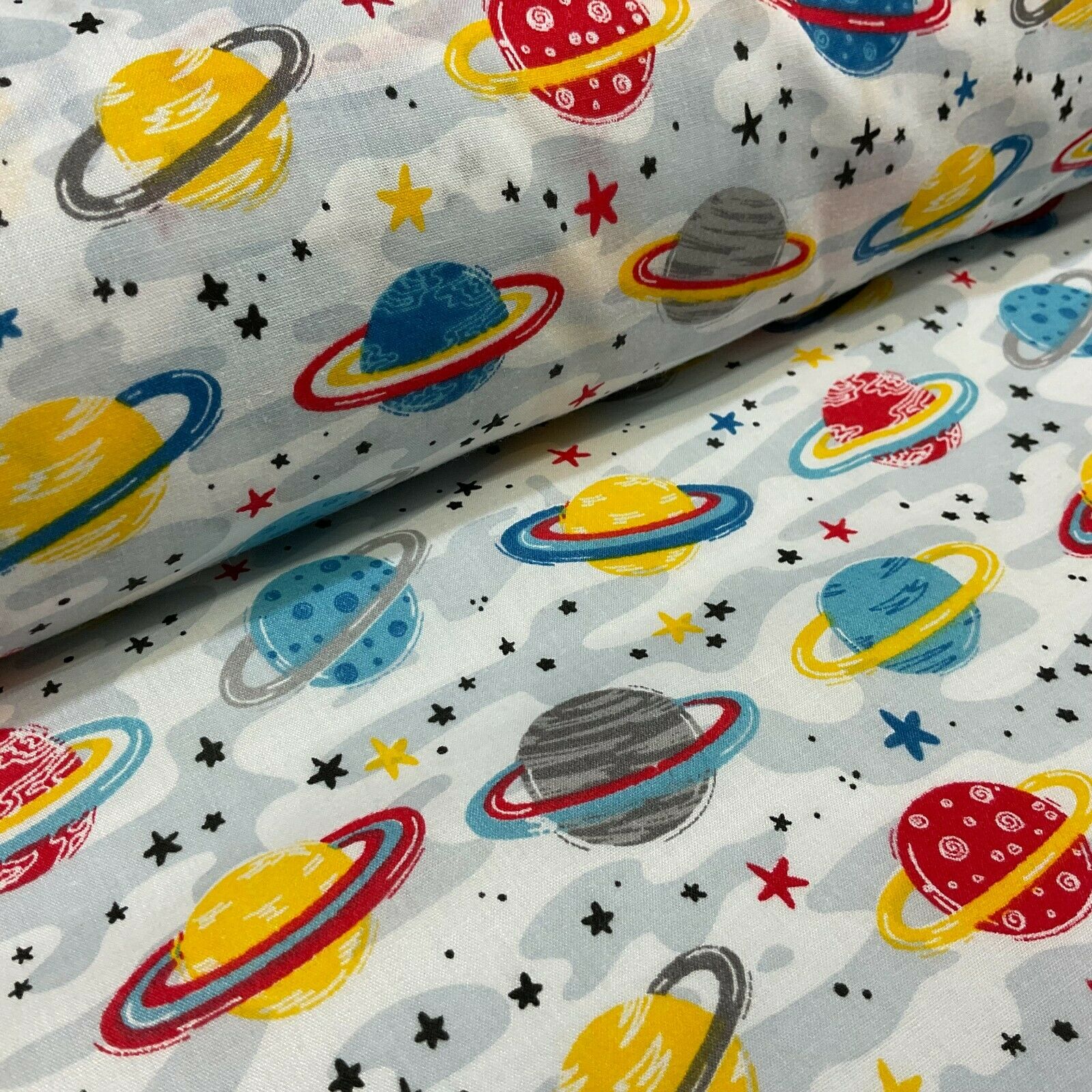 White Grey Planets Solar System Poly cotton printed lightweight fabric M1635