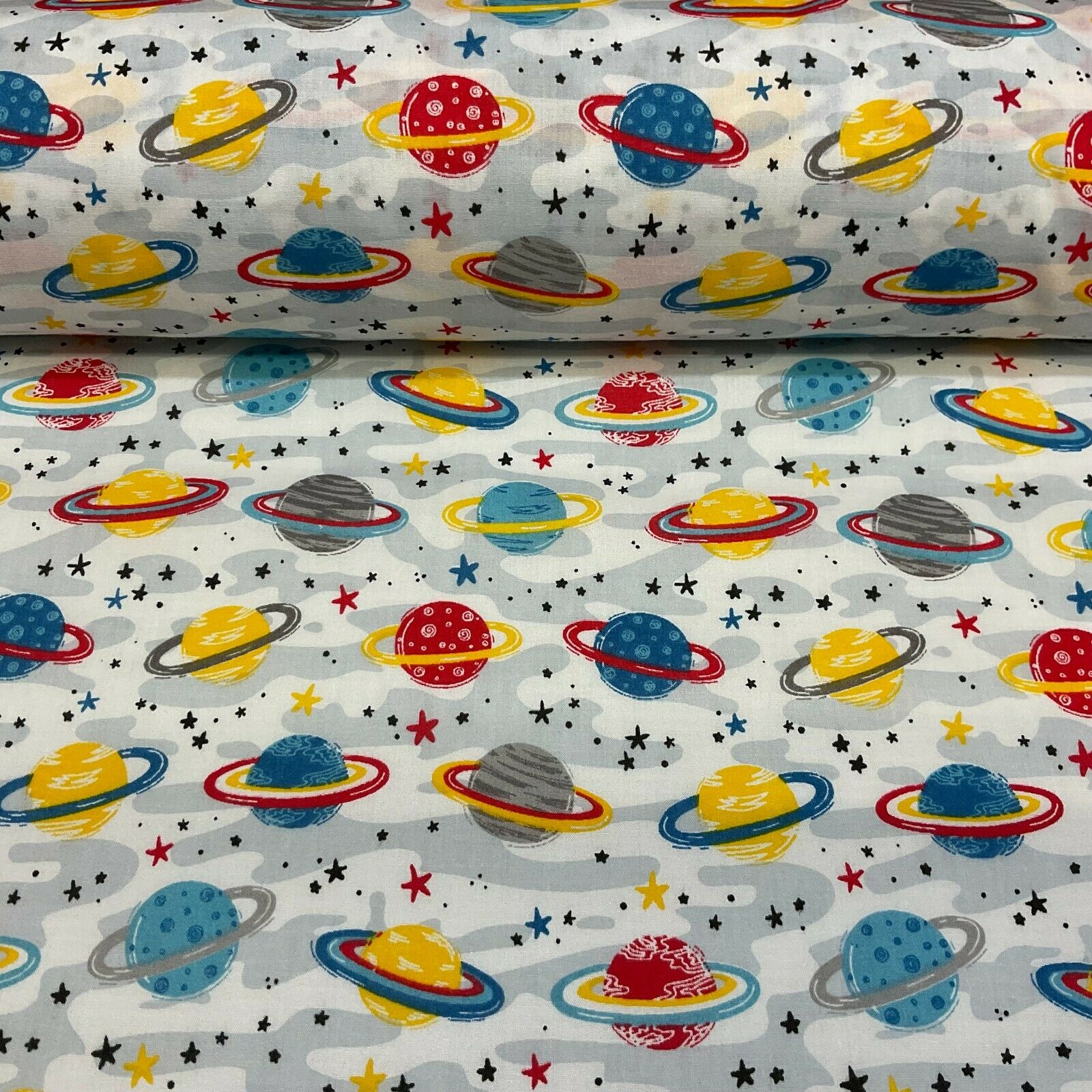 White Grey Planets Solar System Poly cotton printed lightweight fabric M1635
