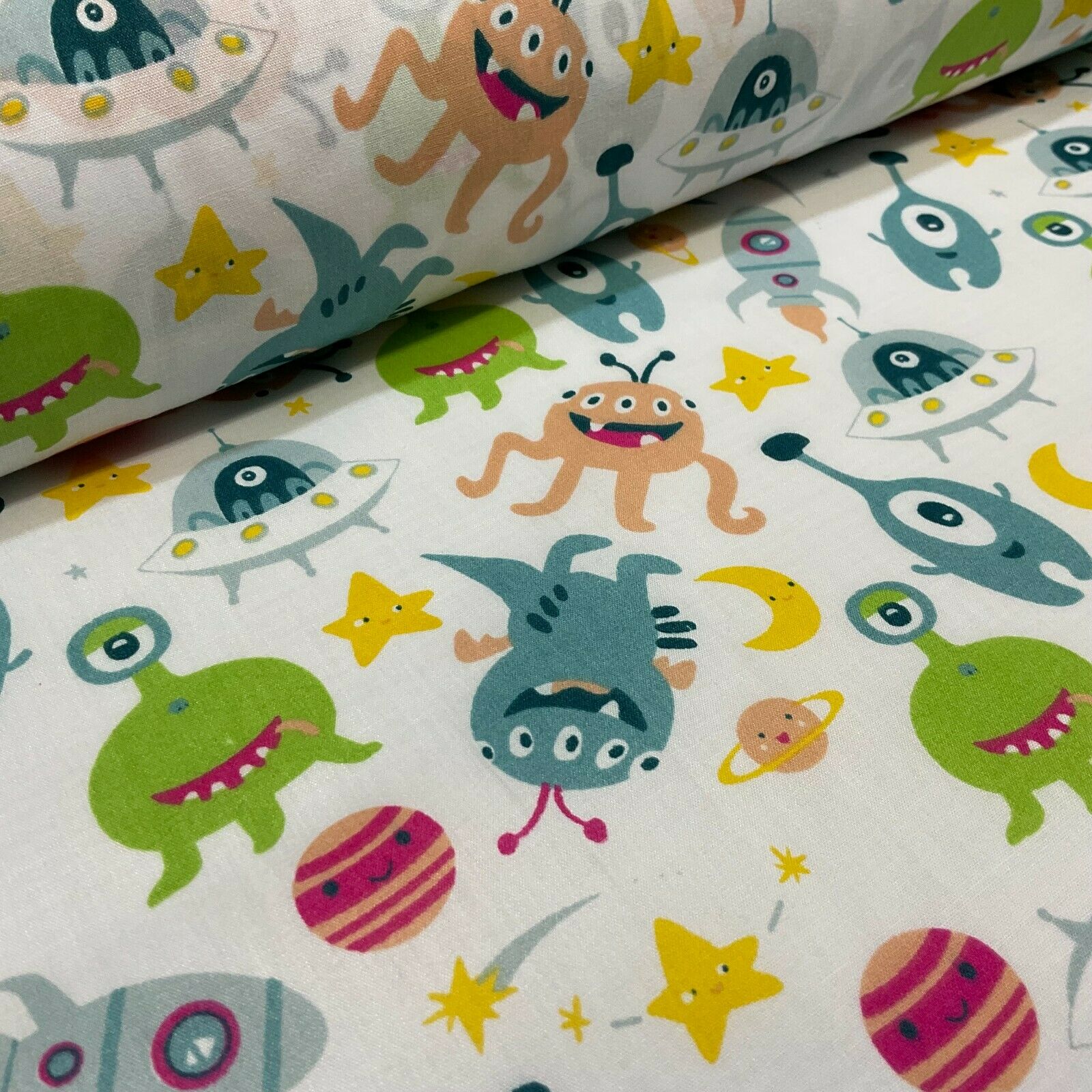 White Aliens Monsters Children's Poly cotton printed lightweight fabric M1636