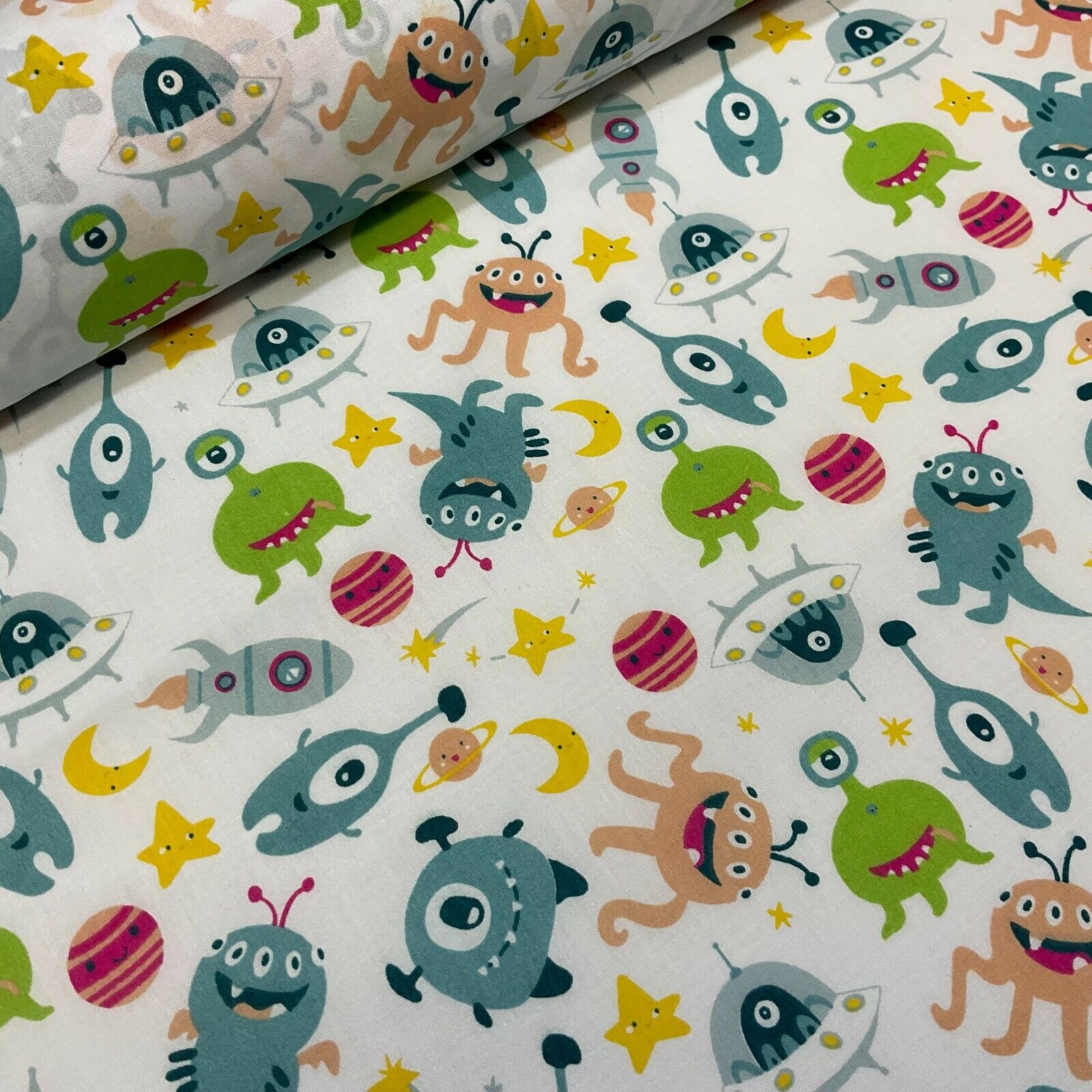 White Aliens Monsters Children's Poly cotton printed lightweight fabric M1636