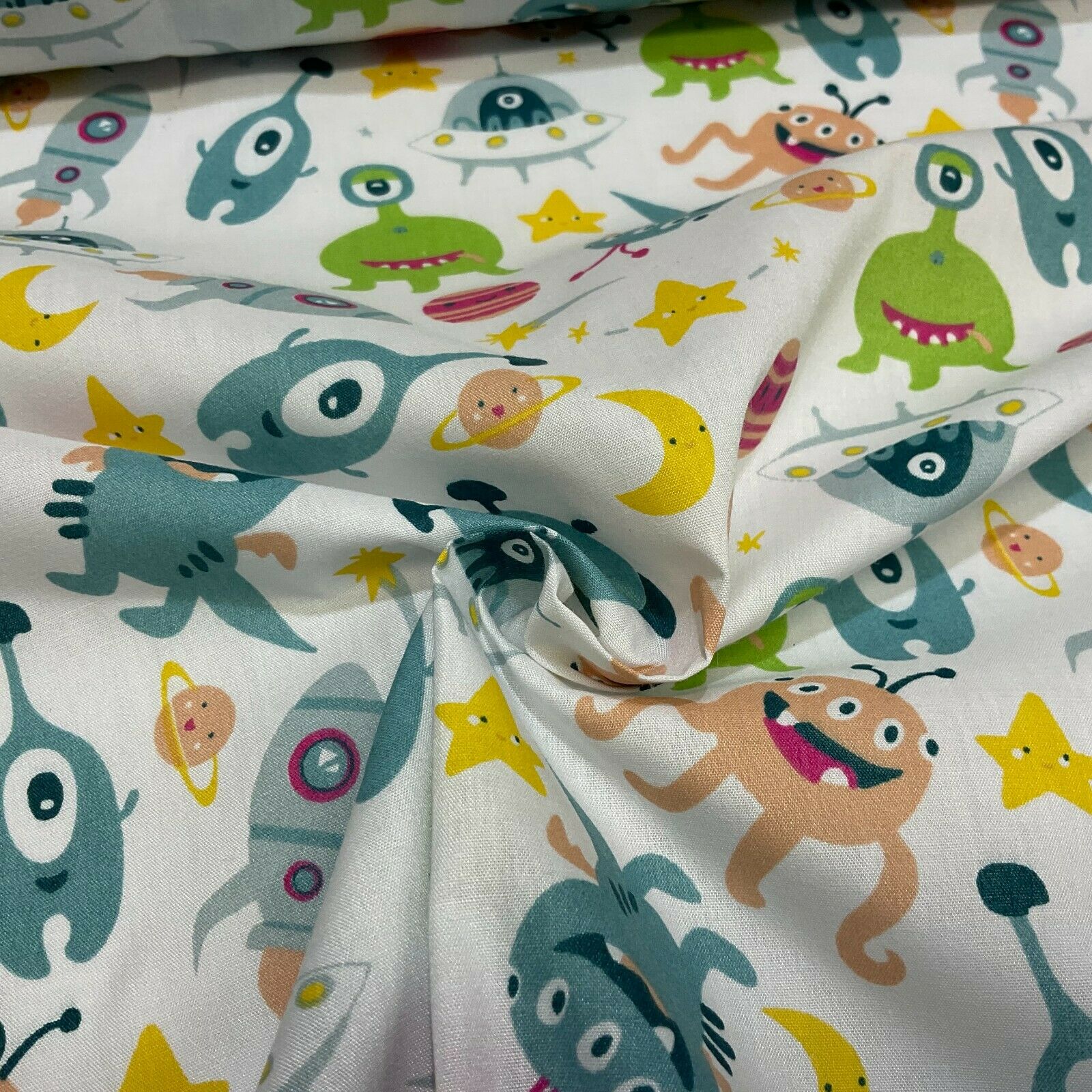 White Aliens Monsters Children's Poly cotton printed lightweight fabric M1636