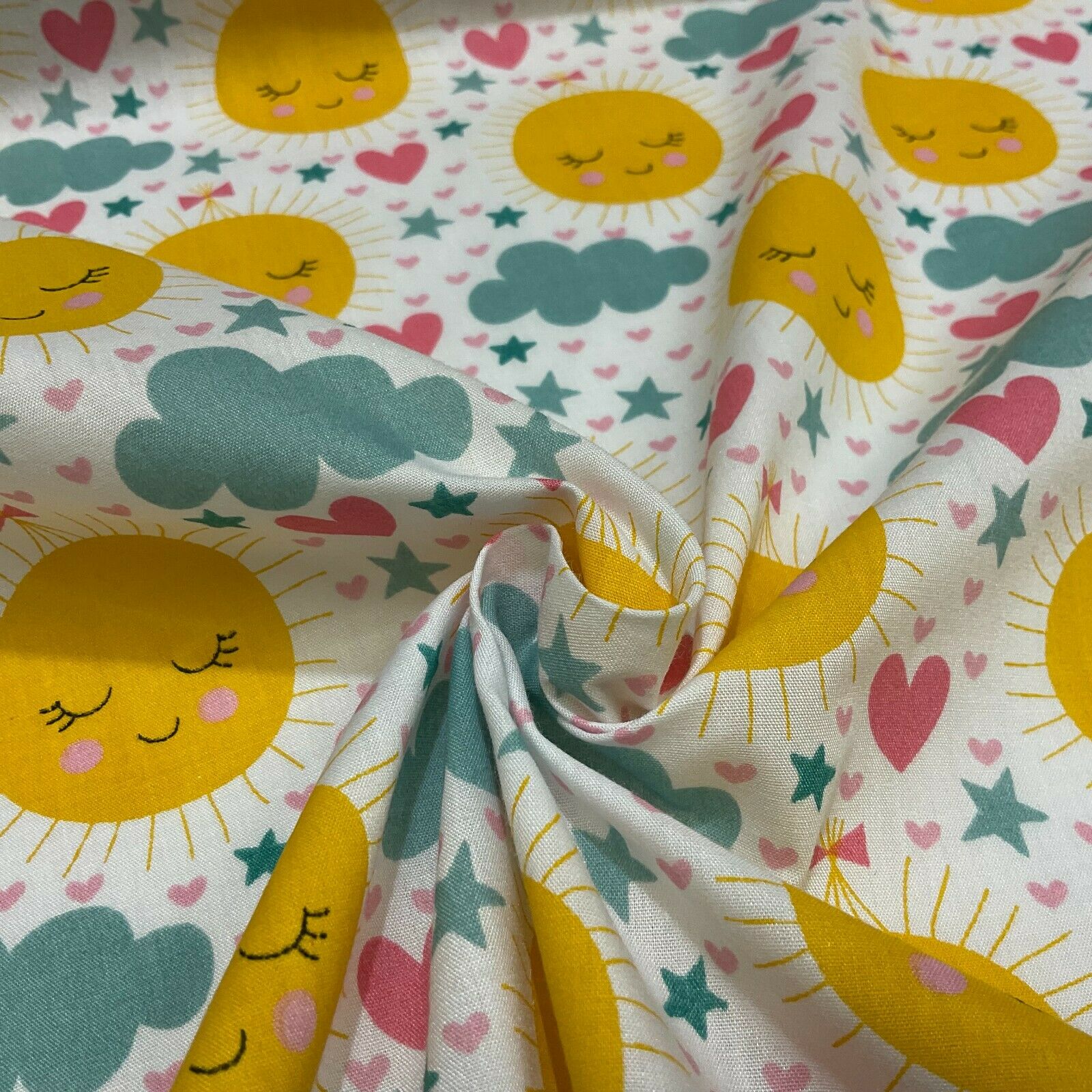 White Sunshine sun Children Poly cotton printed lightweight fabric M1631