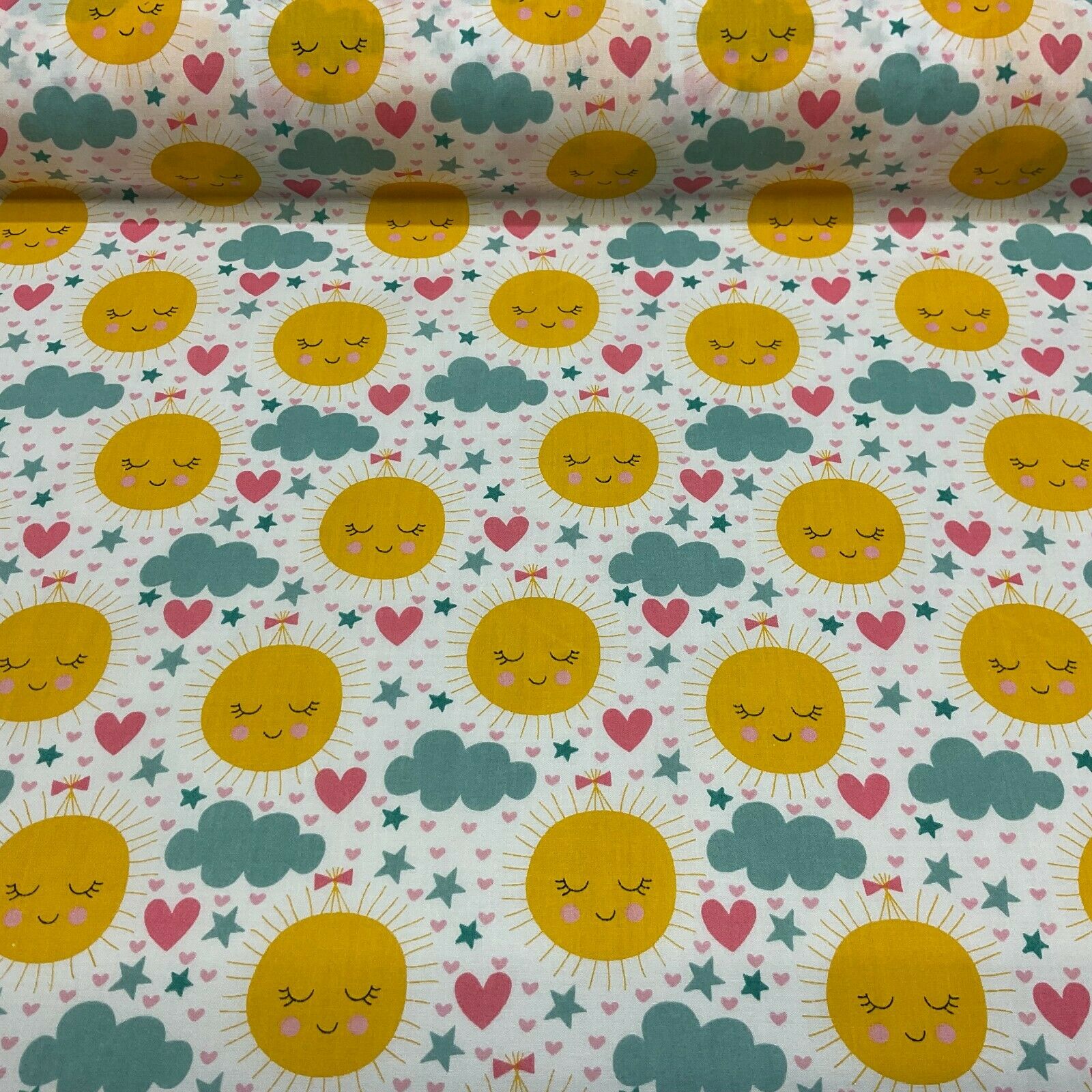White Sunshine sun Children Poly cotton printed lightweight fabric M1631