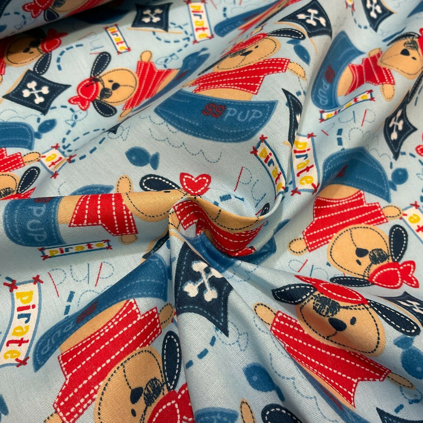 Blue Pirate Puppy Novelty Children Poly cotton printed lightweight fabric M1626