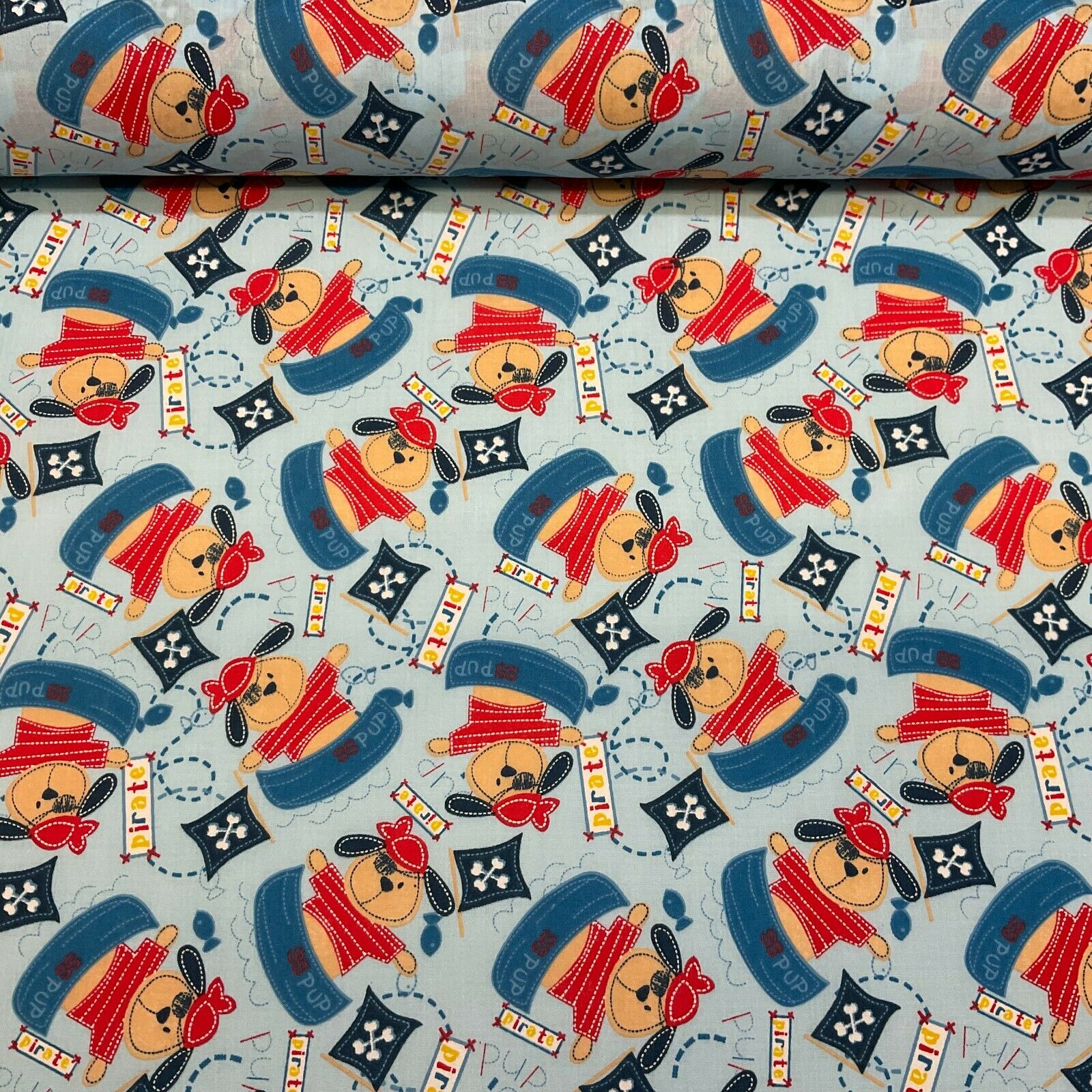 Blue Pirate Puppy Novelty Children Poly cotton printed lightweight fabric M1626