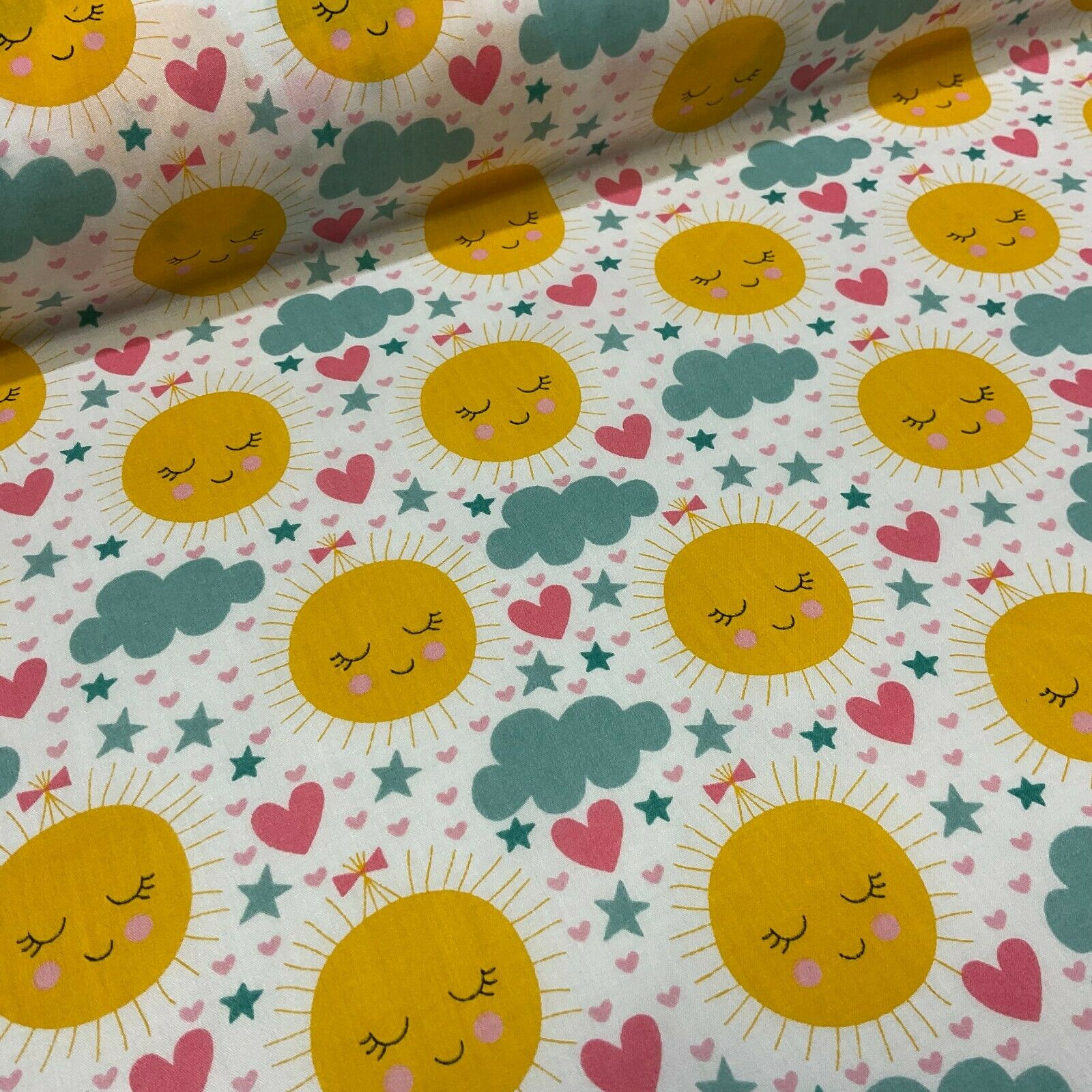 White Sunshine sun Children Poly cotton printed lightweight fabric M1631