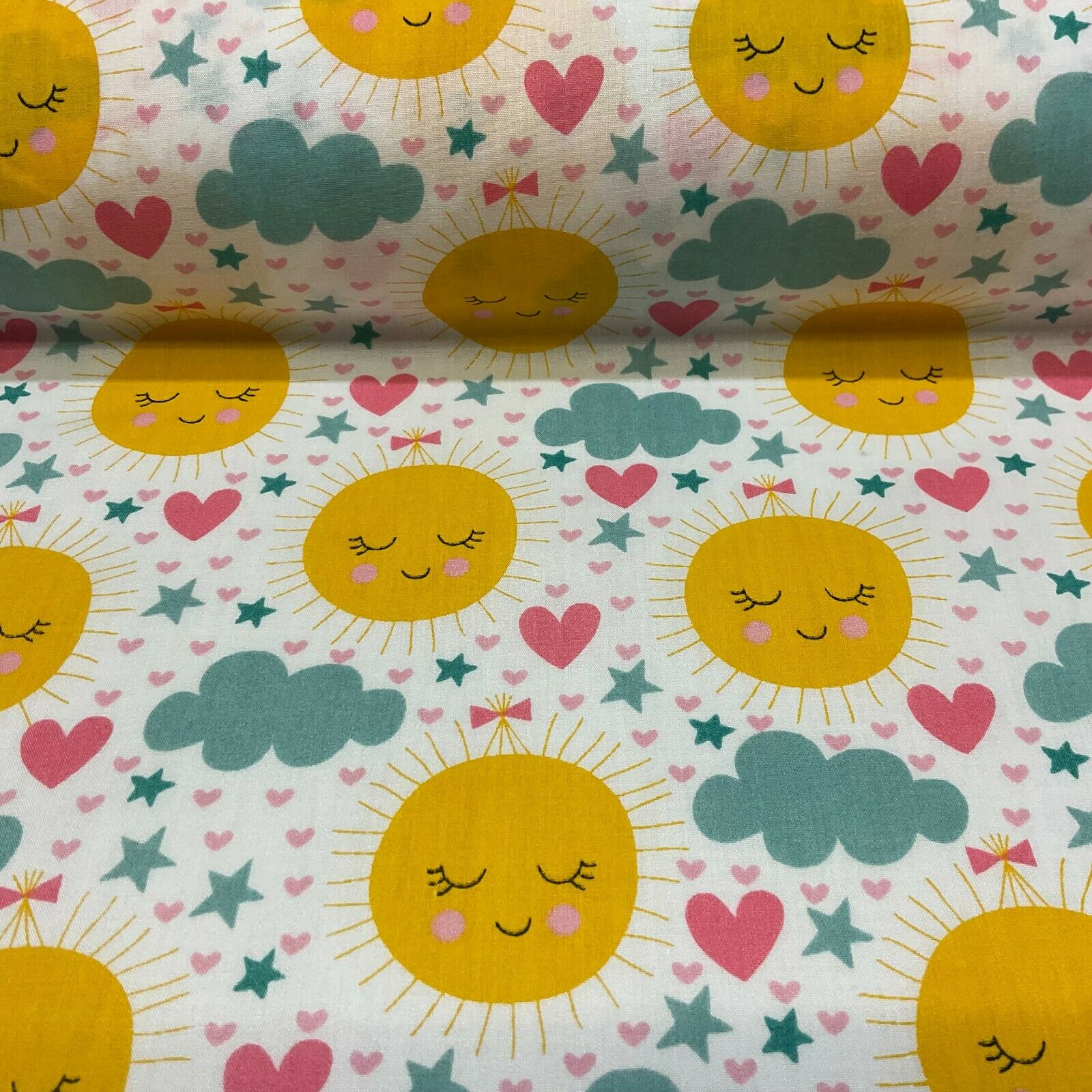White Sunshine sun Children Poly cotton printed lightweight fabric M1631