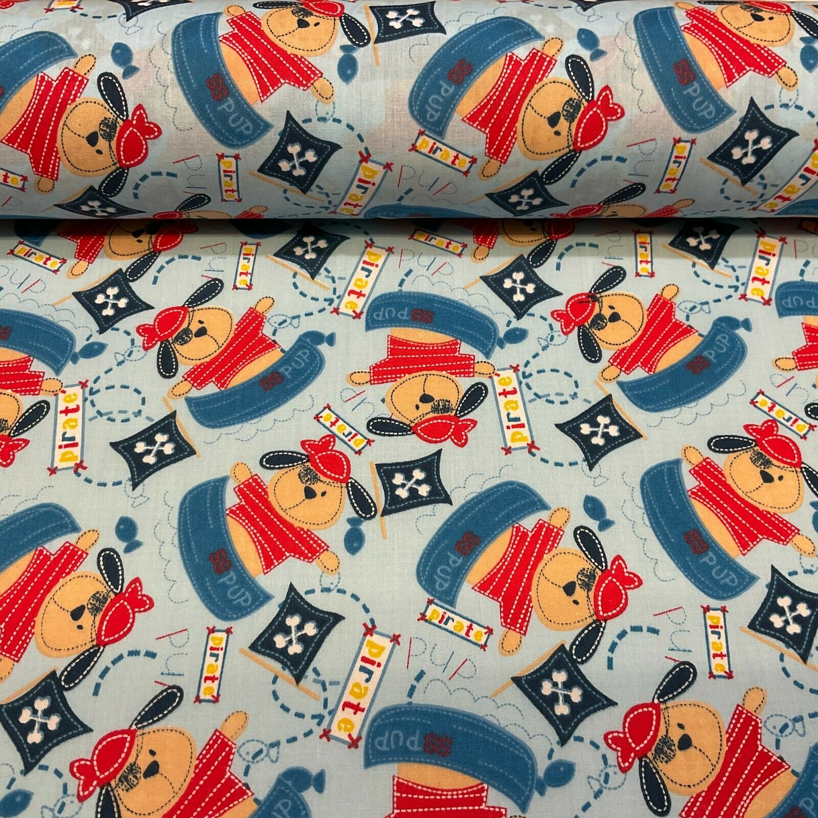 Blue Pirate Puppy Novelty Children Poly cotton printed lightweight fabric M1626