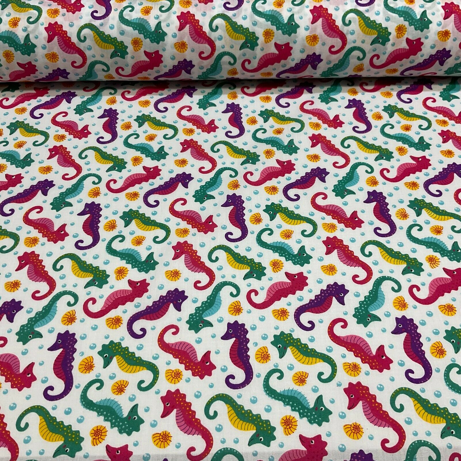 Colourful White Seahorses Poly cotton printed lightweight fabric M1624