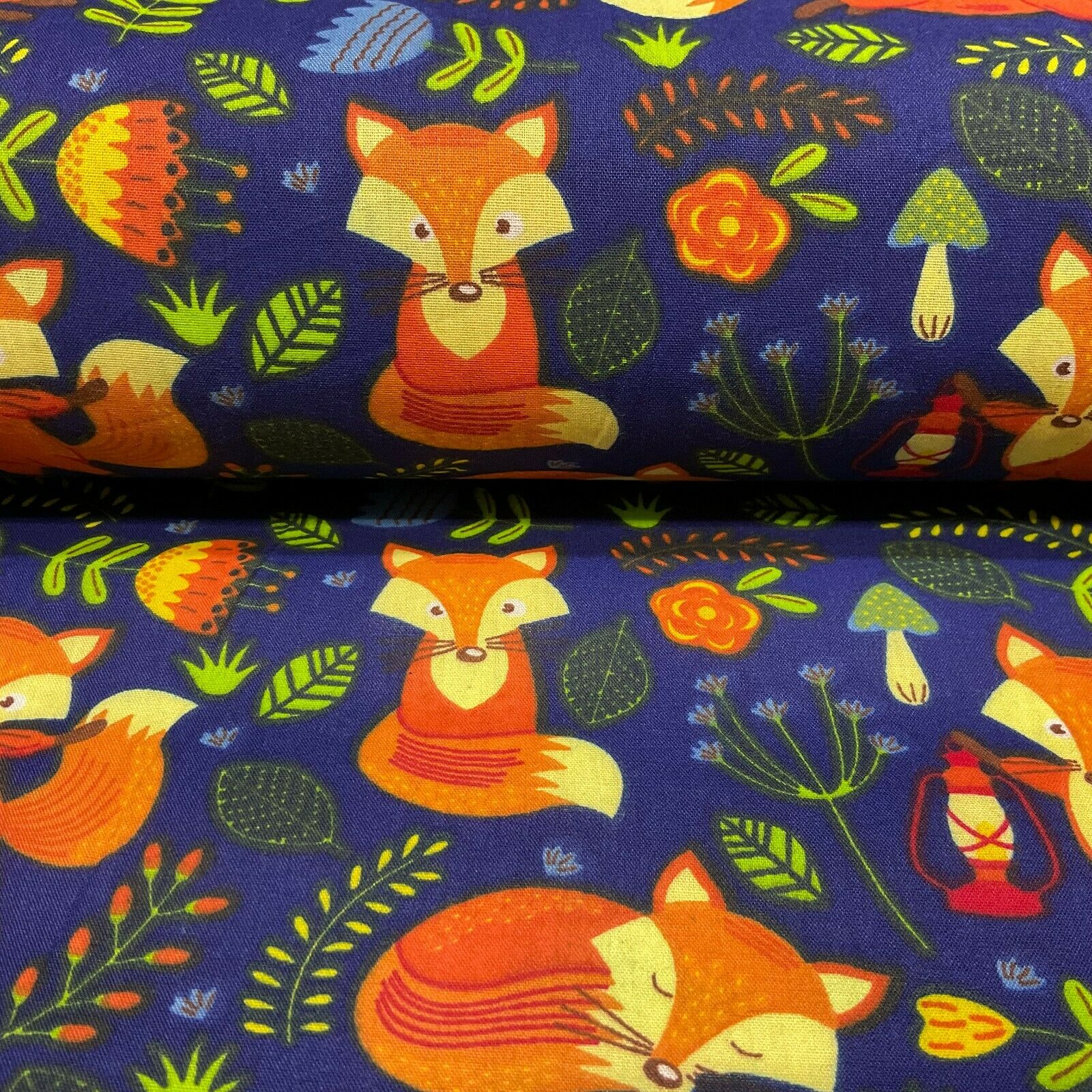 Navy Wildlife Foxes Poly cotton printed lightweight fabric M1622