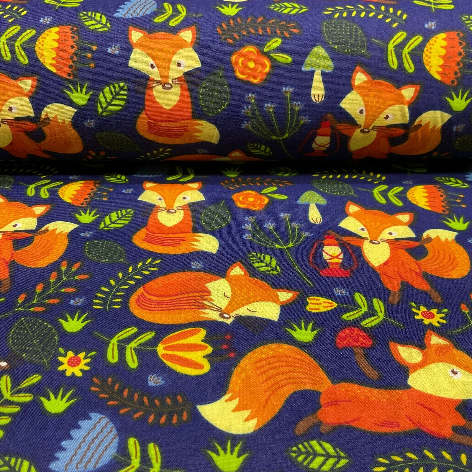 Navy Wildlife Foxes Poly cotton printed lightweight fabric M1622