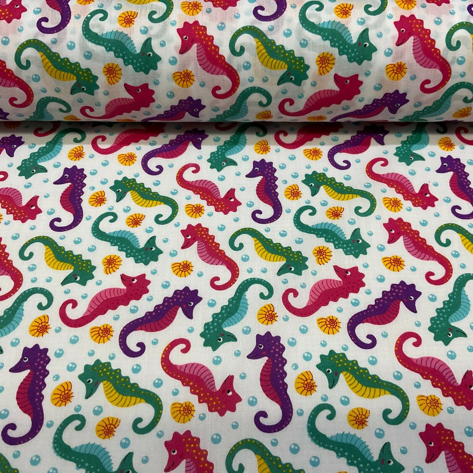 Colourful White Seahorses Poly cotton printed lightweight fabric M1624