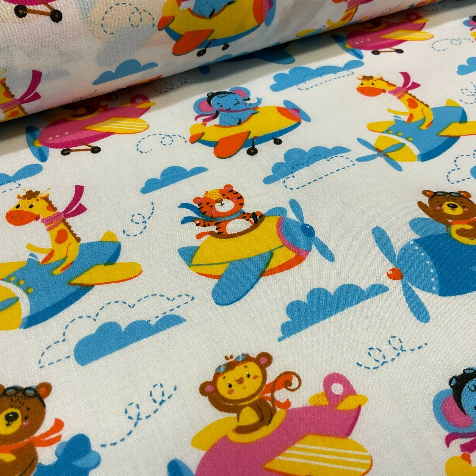 White Teddy Animal Aviators Flying Poly cotton printed lightweight fabric M1633
