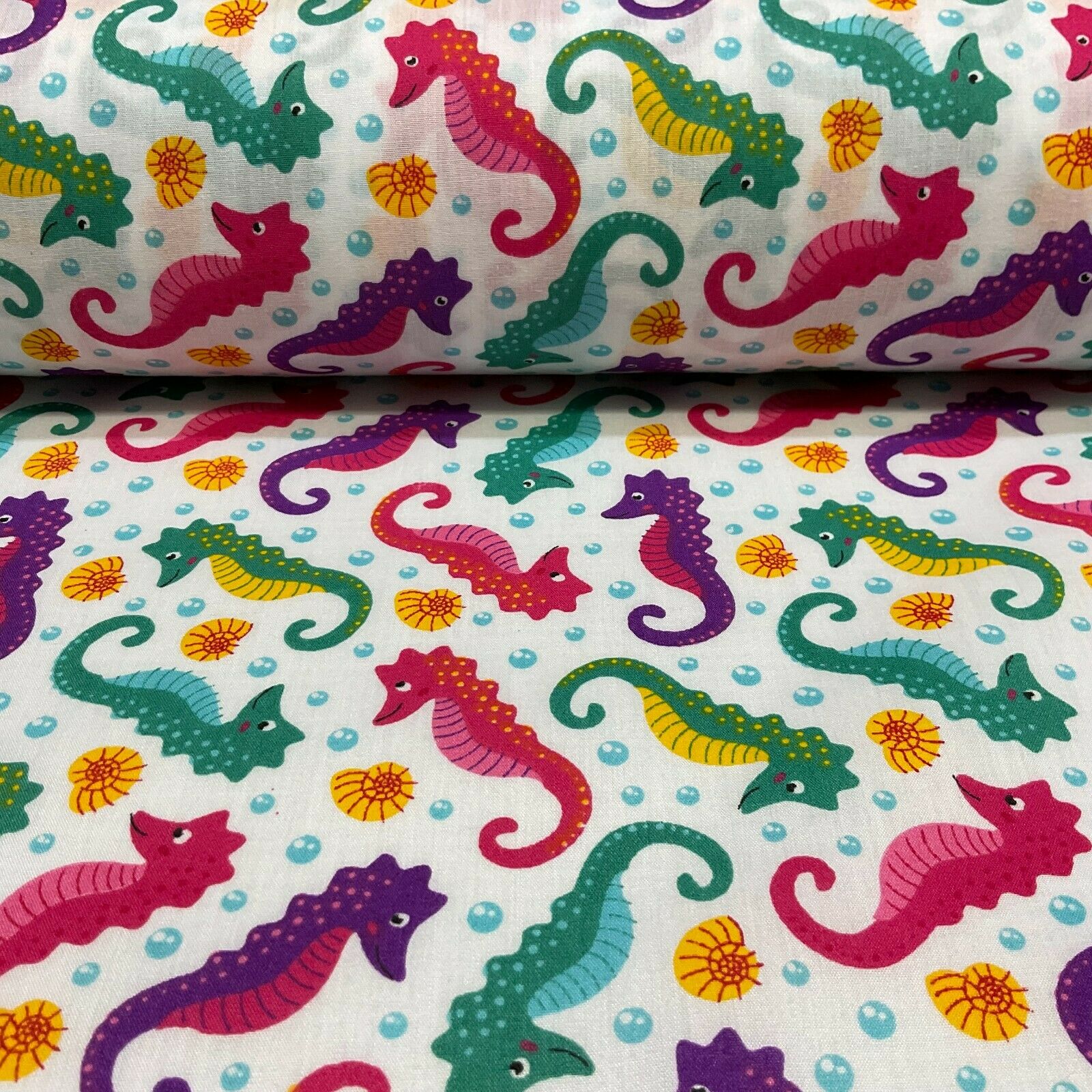 Colourful White Seahorses Poly cotton printed lightweight fabric M1624