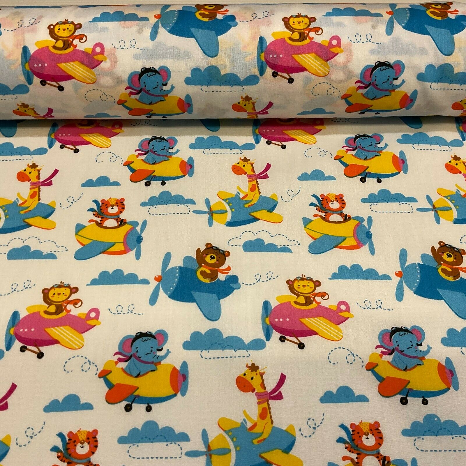 White Teddy Animal Aviators Flying Poly cotton printed lightweight fabric M1633