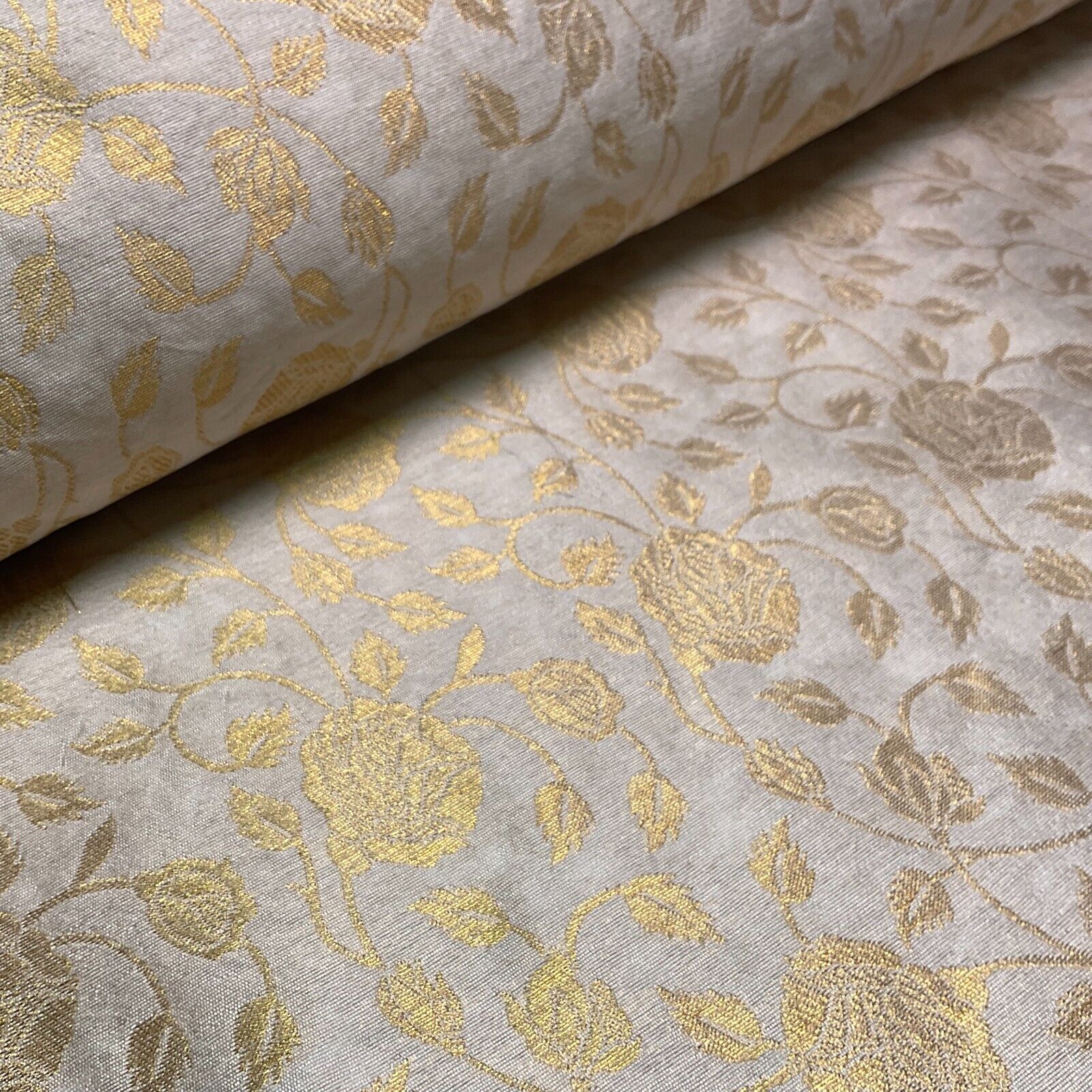 Ivory white brocade tussar silk floral printed dress fabric M1661