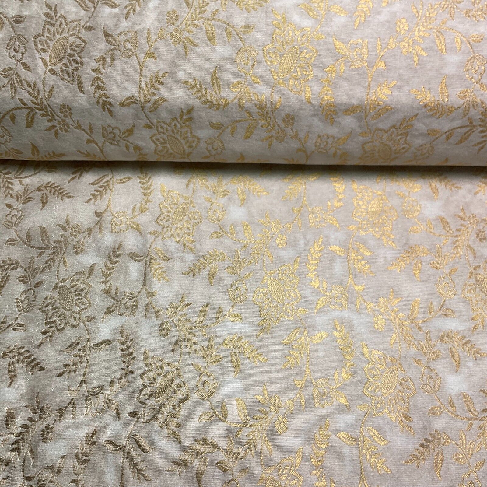 Ivory white brocade tussar silk floral printed dress fabric M1661