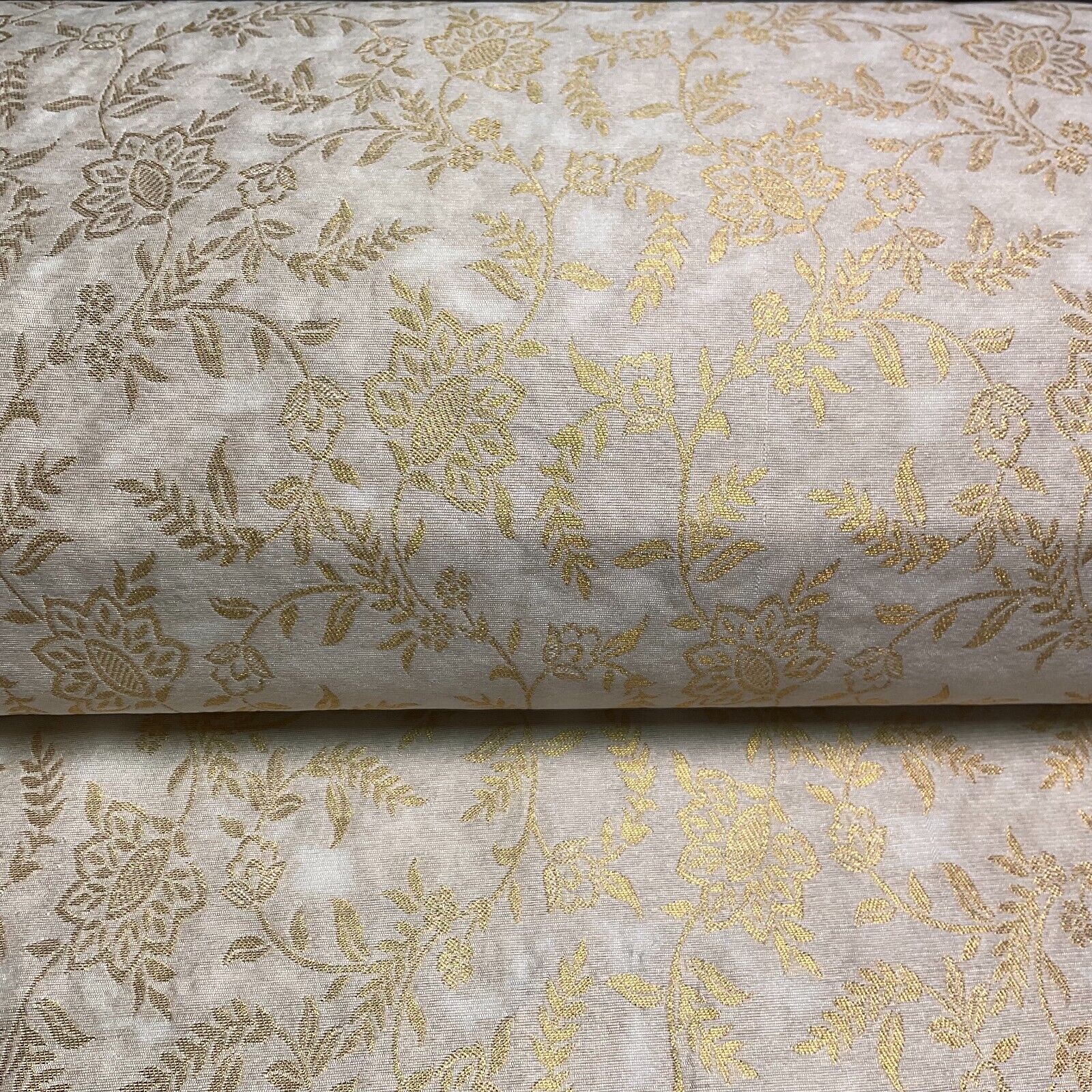 Ivory white brocade tussar silk floral printed dress fabric M1661