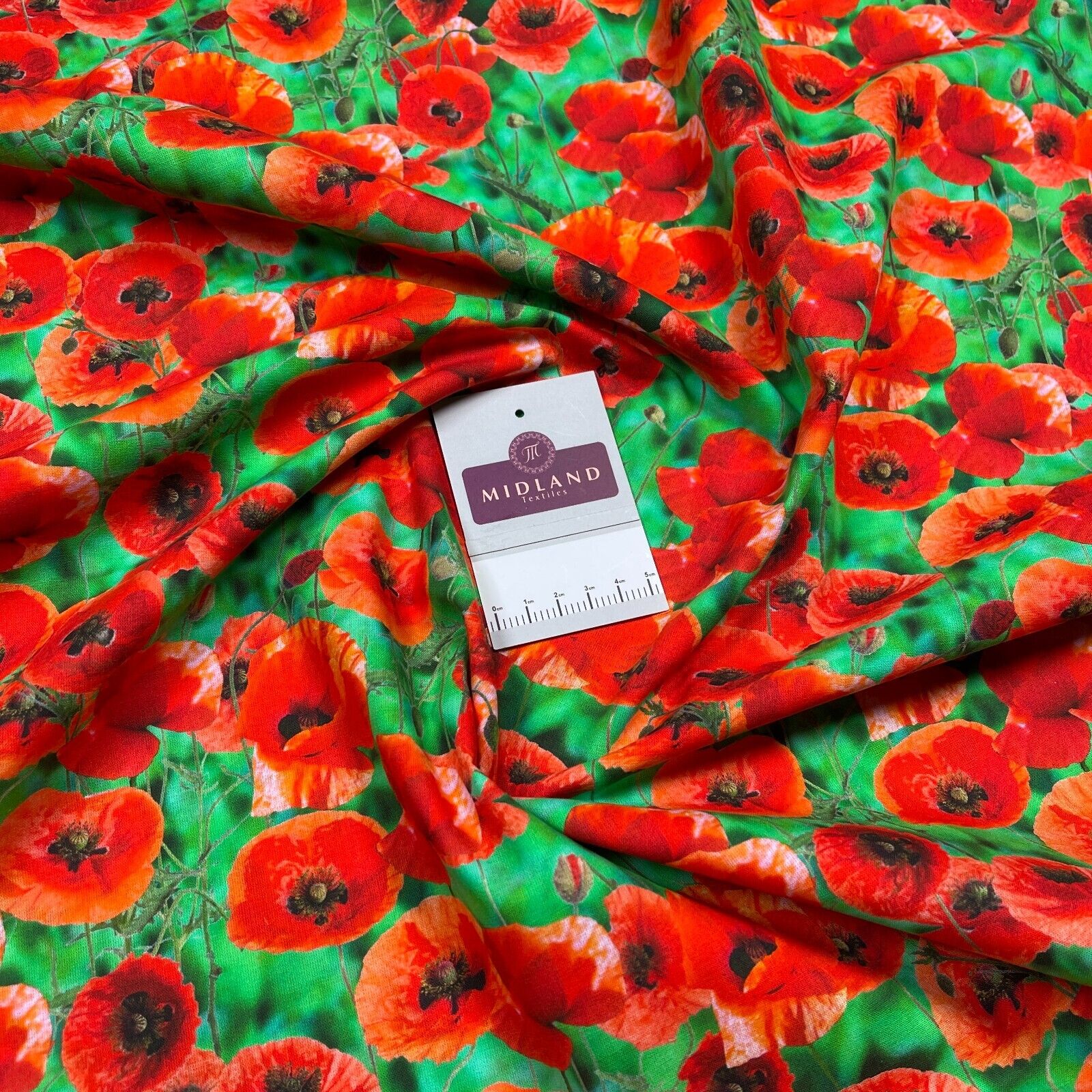 Cotton Poppy fabric Emerald Green & Red Floral printed dress poplin M1695