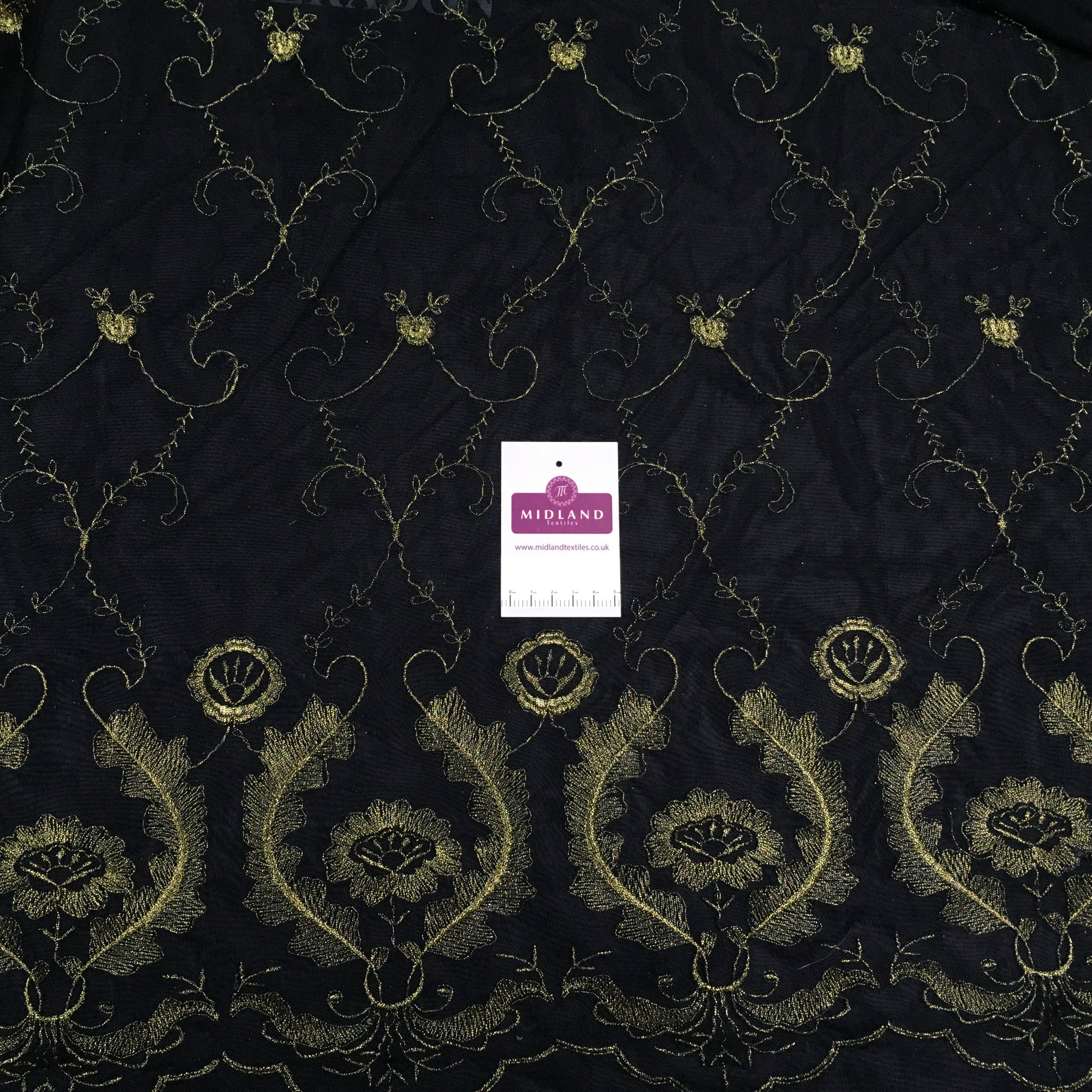 Black gold lace / net stretch border dress Fabric M186-63 Mtex
