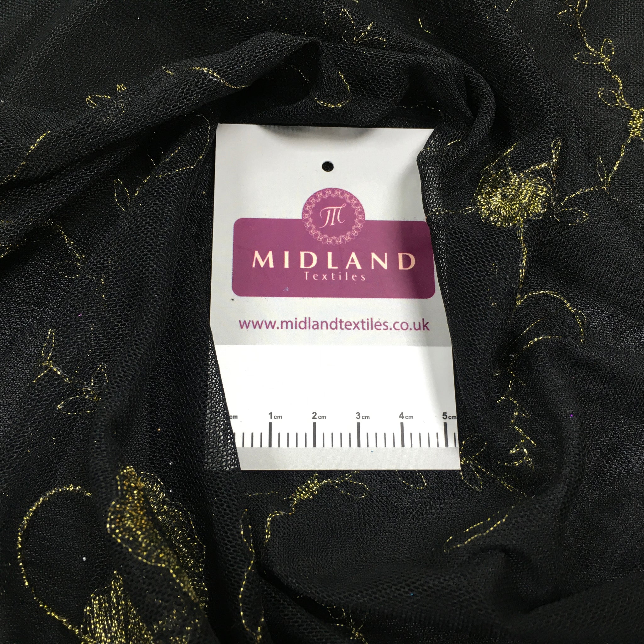 Black gold lace / net stretch border dress Fabric M186-63 Mtex